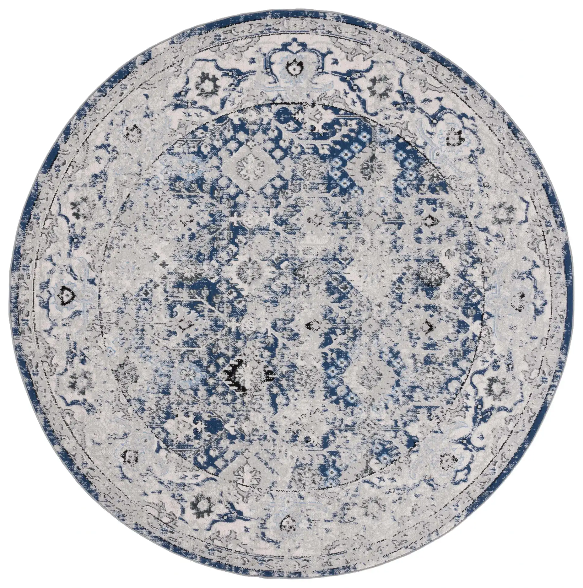 Odyssey Distressed Floral Border Rug in Gray / Navy, detail view