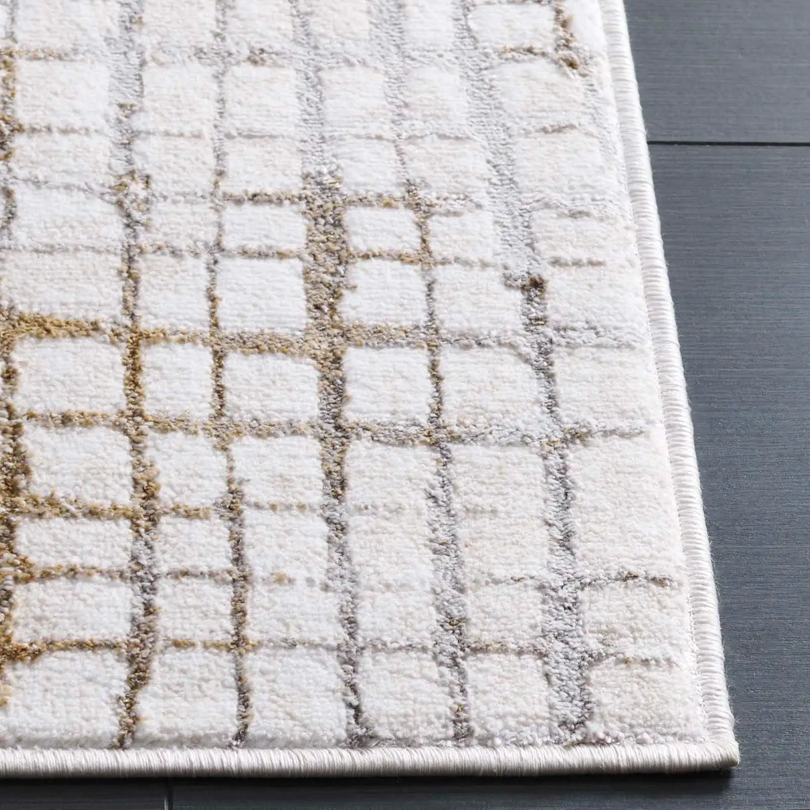 Orchard Grid Rug in Gold / Ivory in a styled room