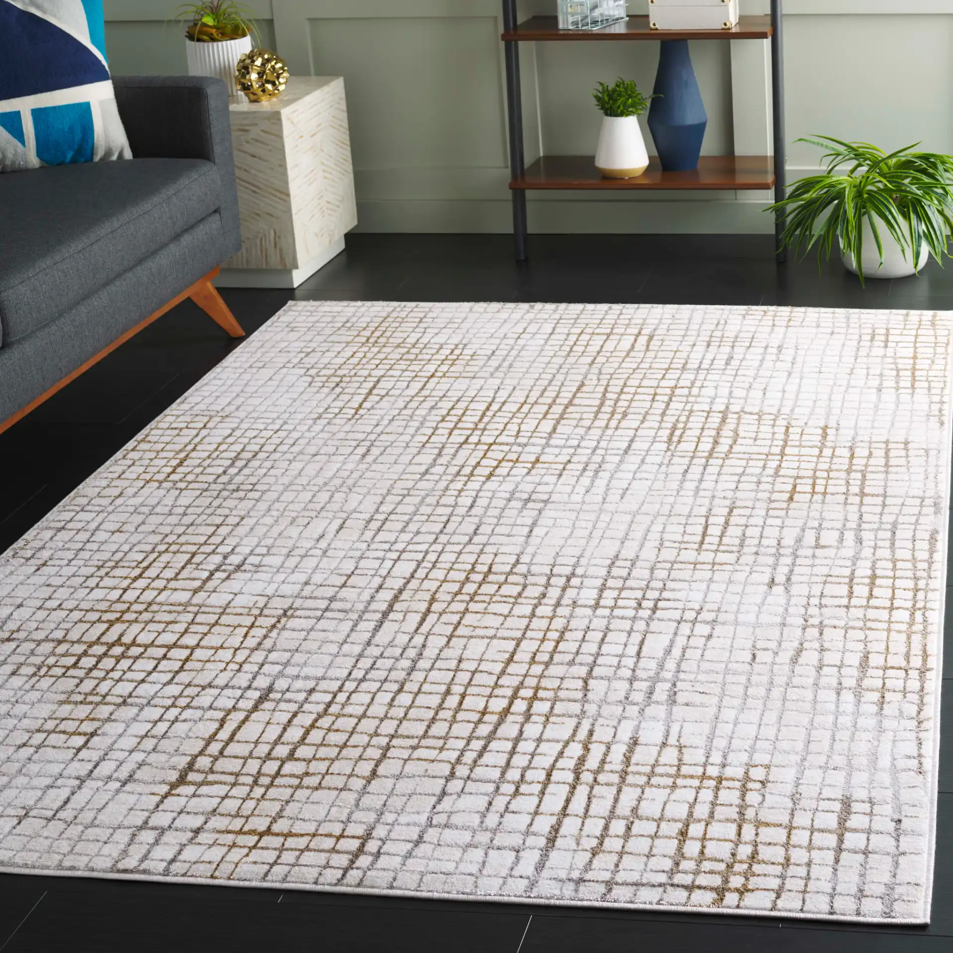 Orchard Grid Rug in Gold / Ivory in a styled room