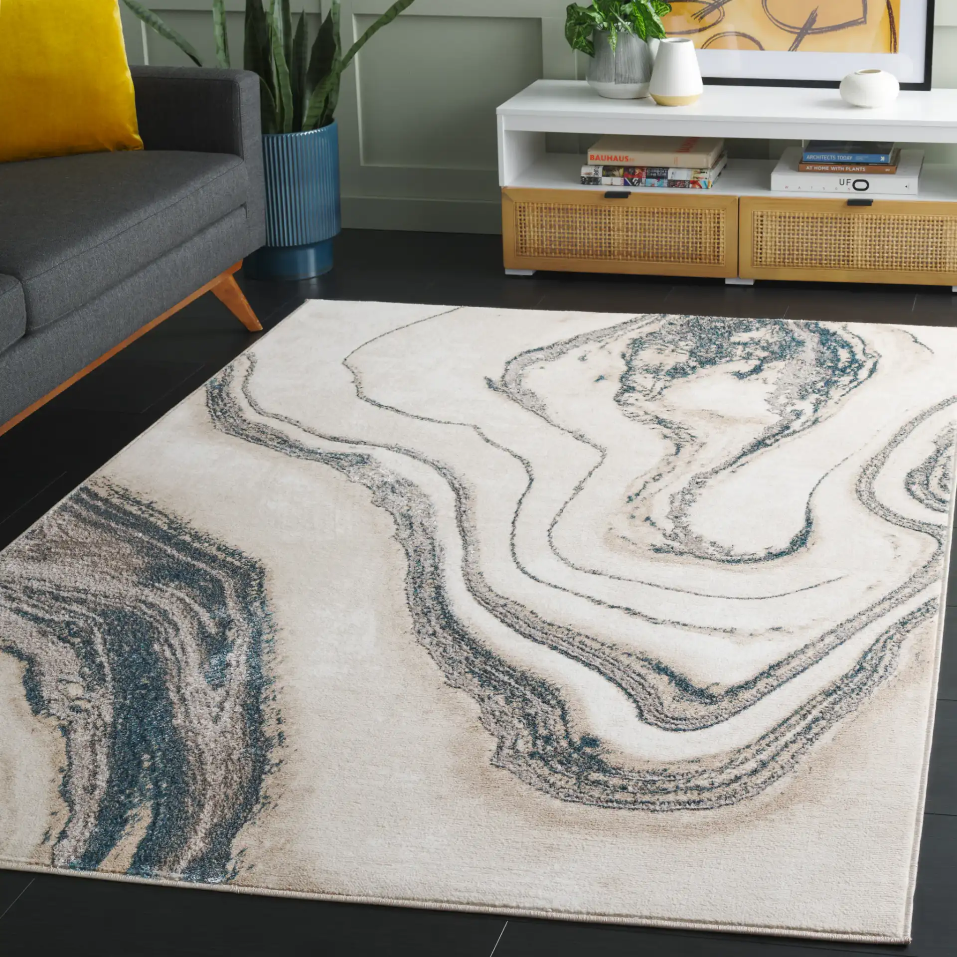 Orchard Marble Rug in Ivory / Blue in a styled room