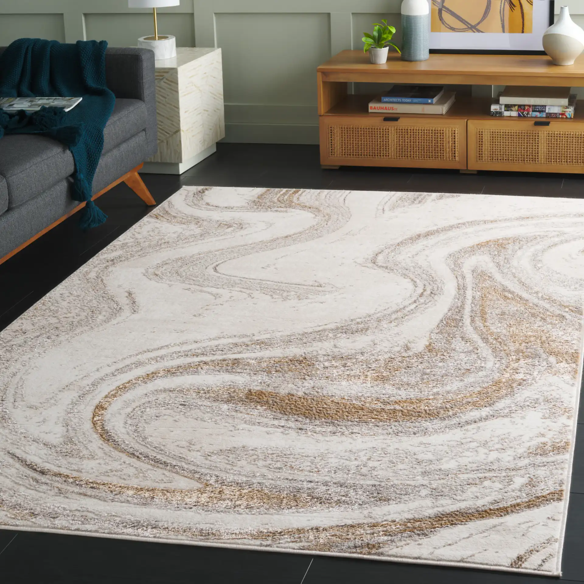 Orchard Marble Wave Rug in Gray / Gold in a styled room