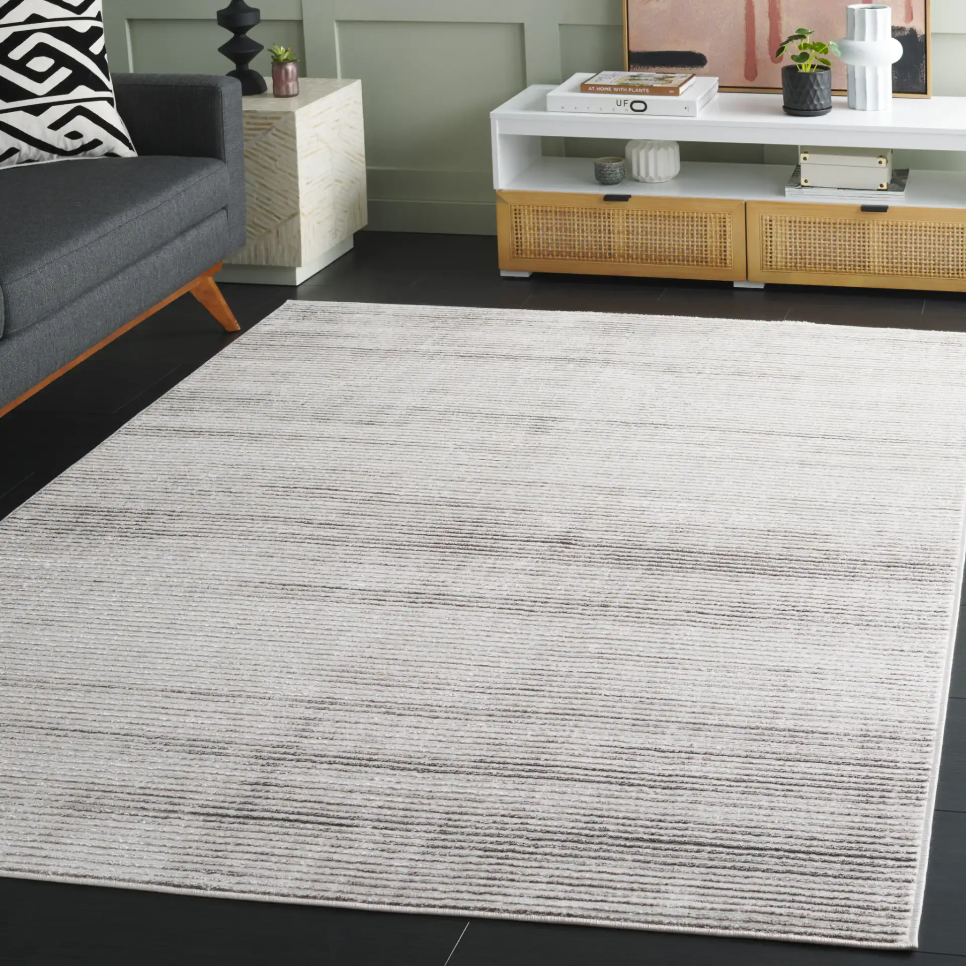 Orchard Ribbed Stripe Rug in Gray / Ivory in a styled room