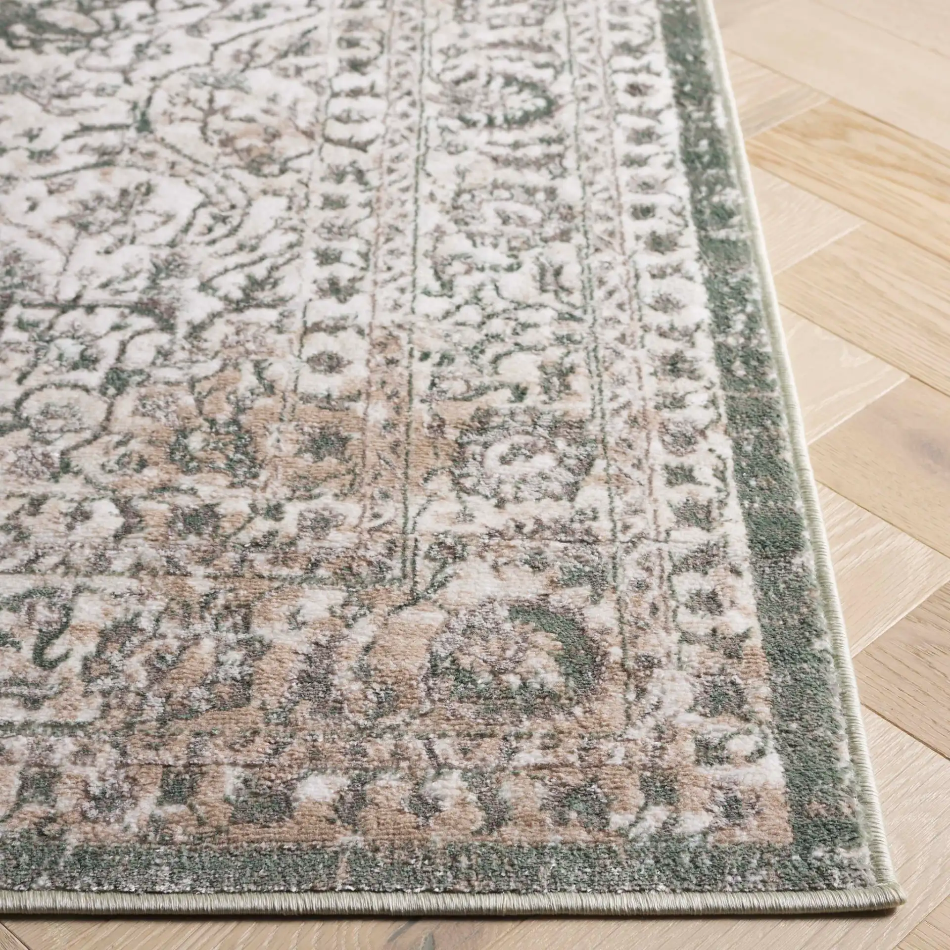 Orchard Medallion Bordered Rug in Green / Ivory in a styled room