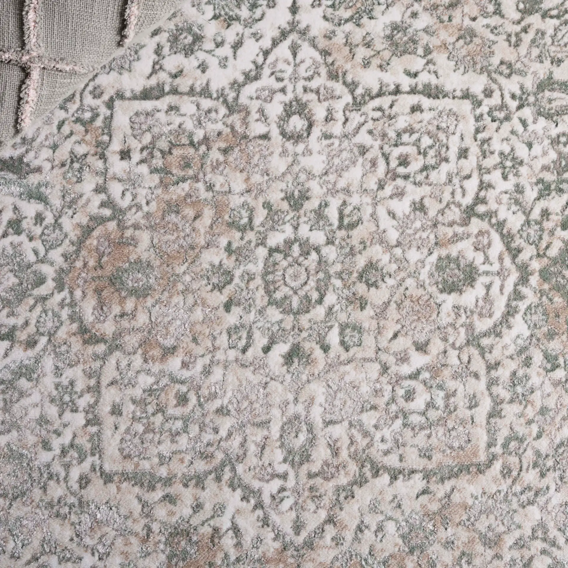 Orchard Medallion Bordered Rug in Green / Ivory in a styled room