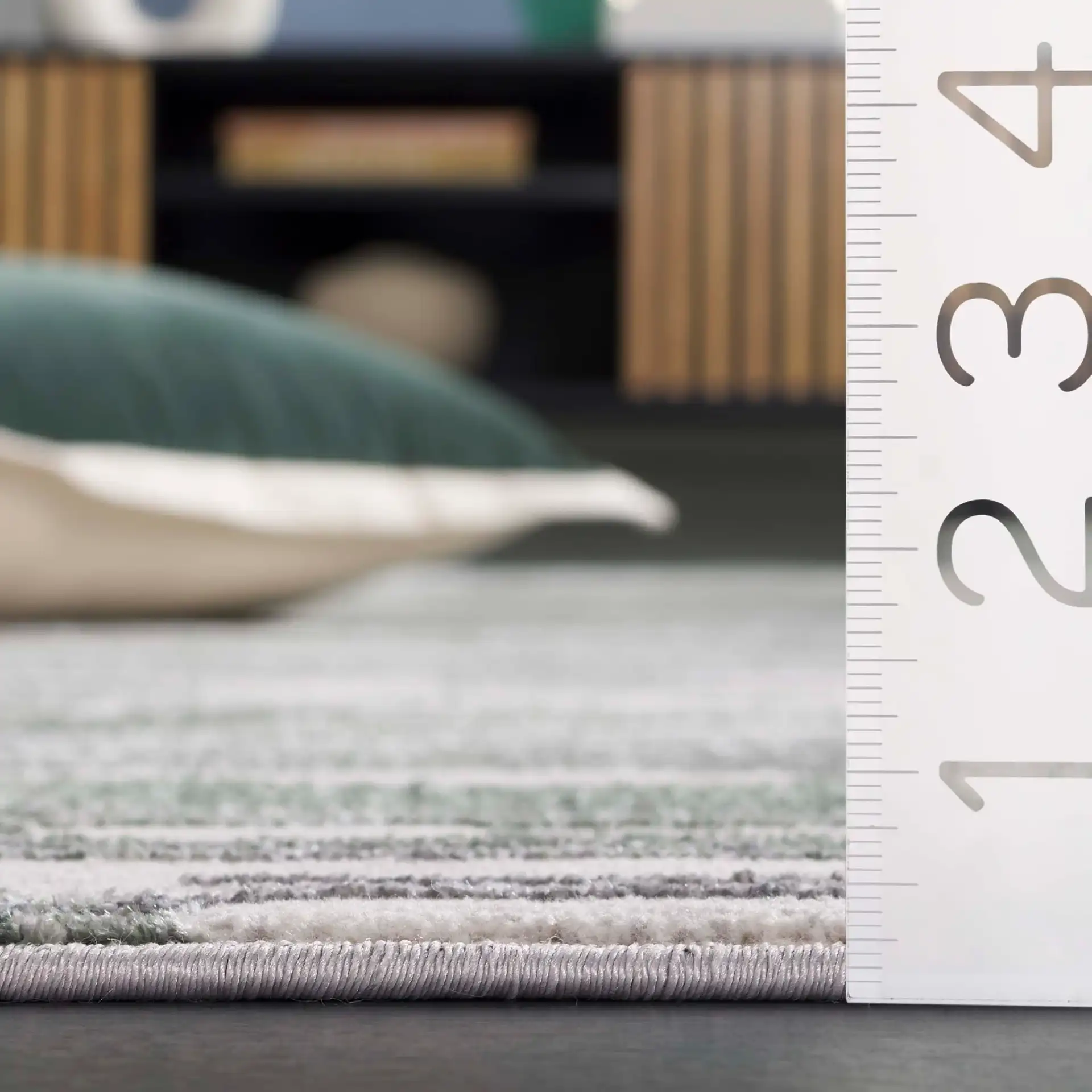 Orchard Abstract Stripe Rug in Gray / Green in a styled room