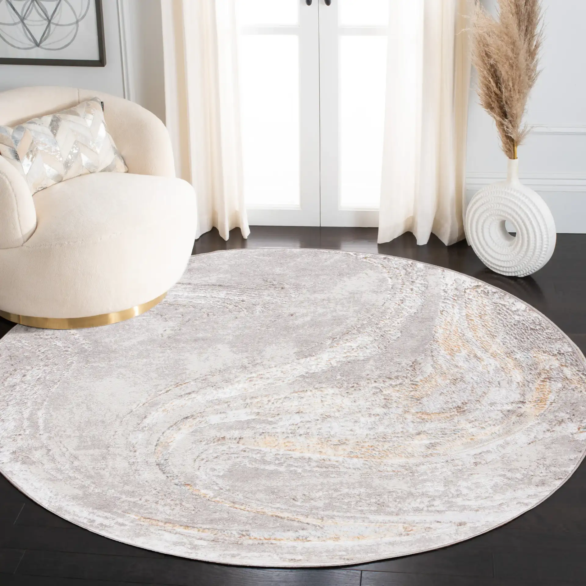 Orchard Swirl Abstract Rug in Gray / Gold in a styled room