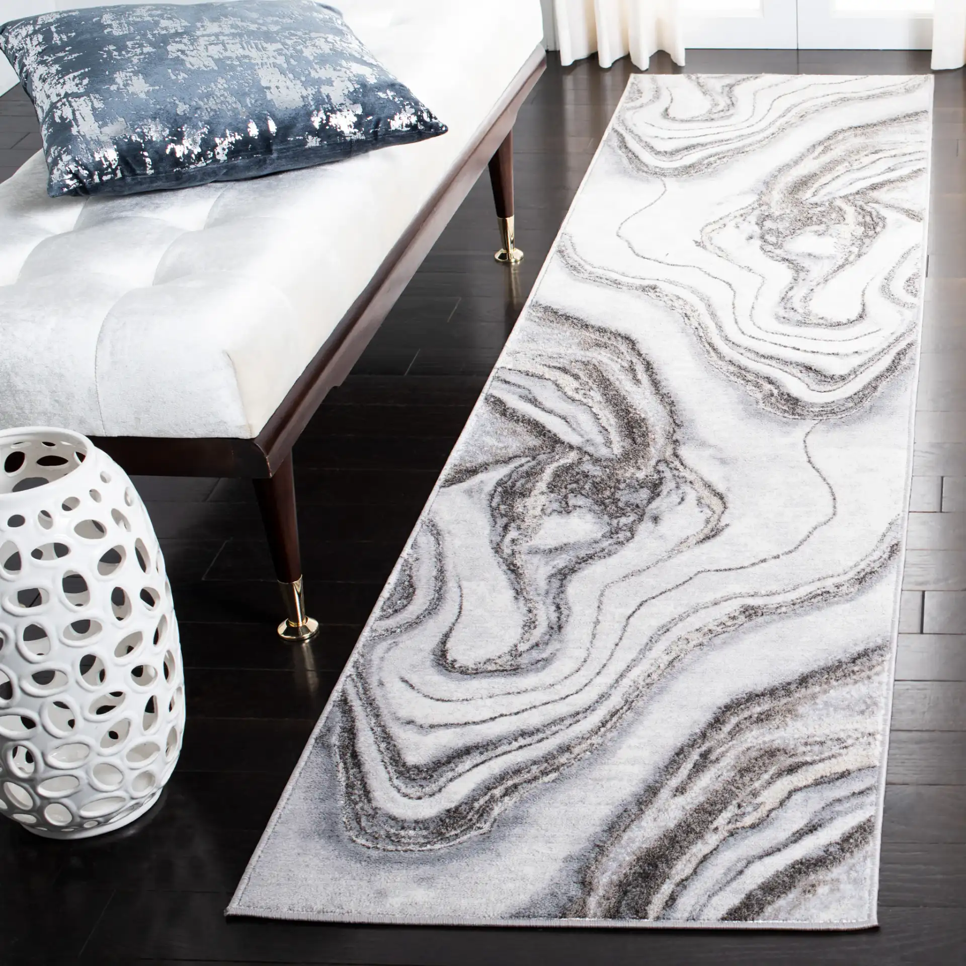 Orchard Marble Swirl Rug in Gray / Ivory in a styled room