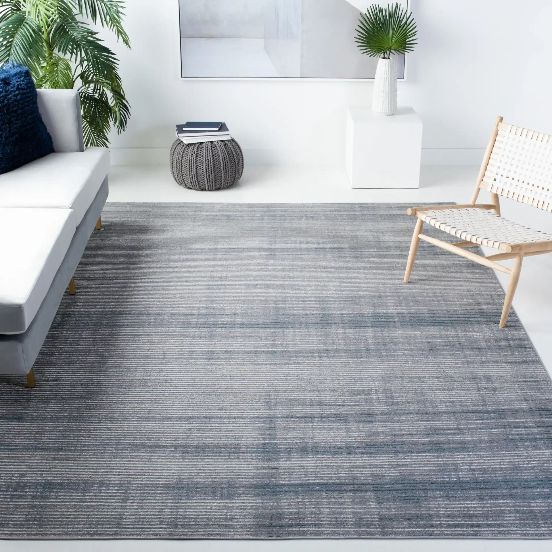Orchard Distressed Stripe Rug in Gray / Blue in a styled room