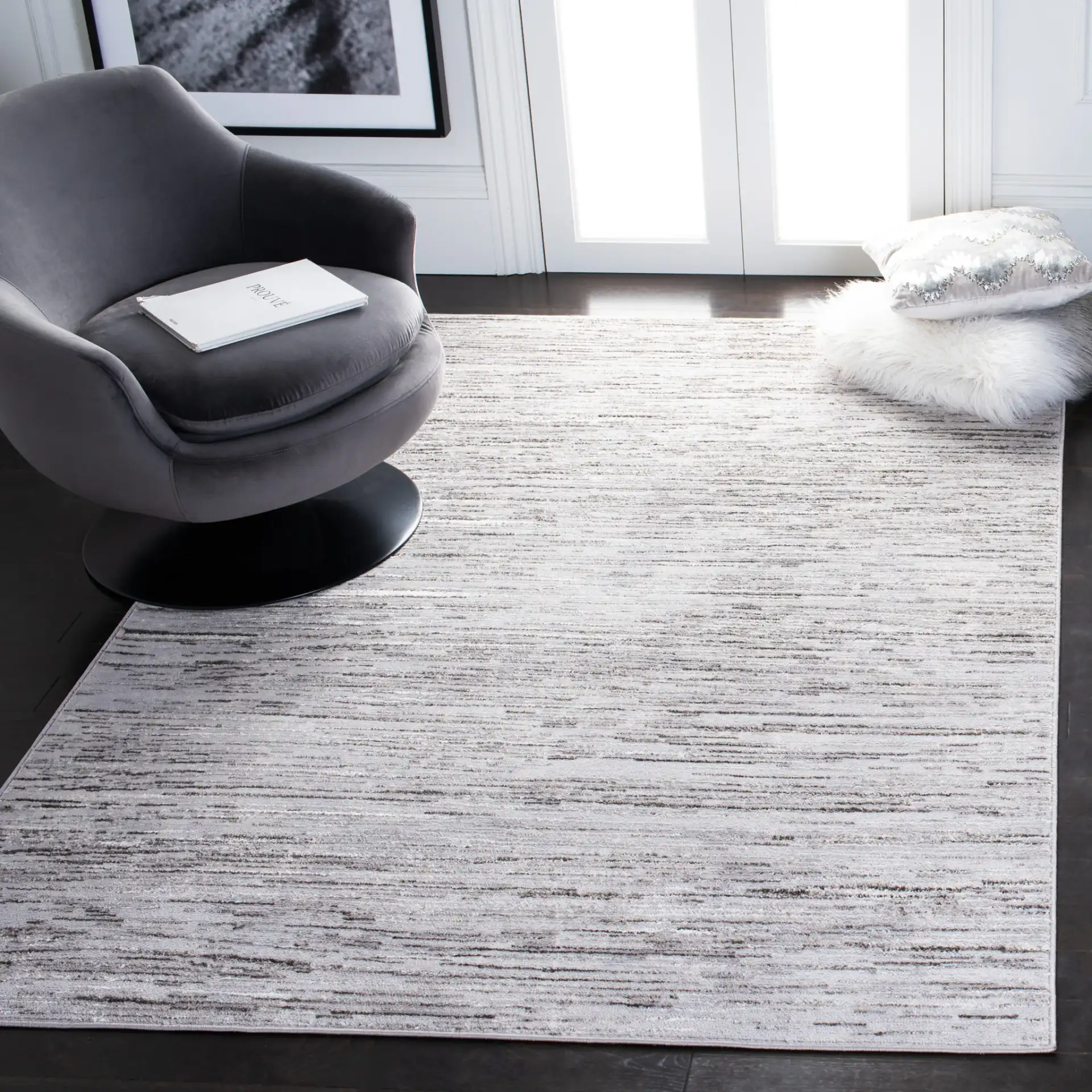Orchard Linear Abstract Rug in Gray / Light Gray in a styled room