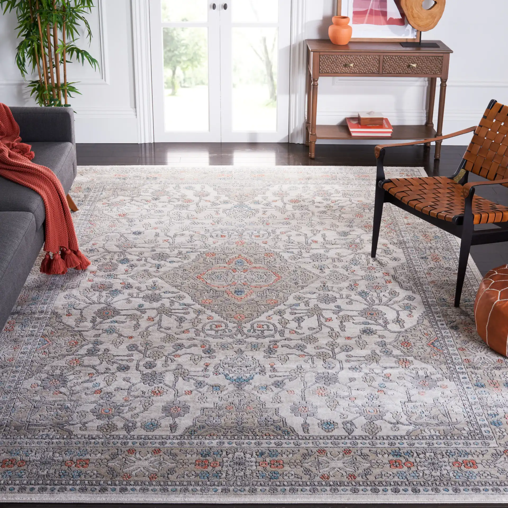Oregon Stepped Medallion Rug in Gray / Ivory in a styled room