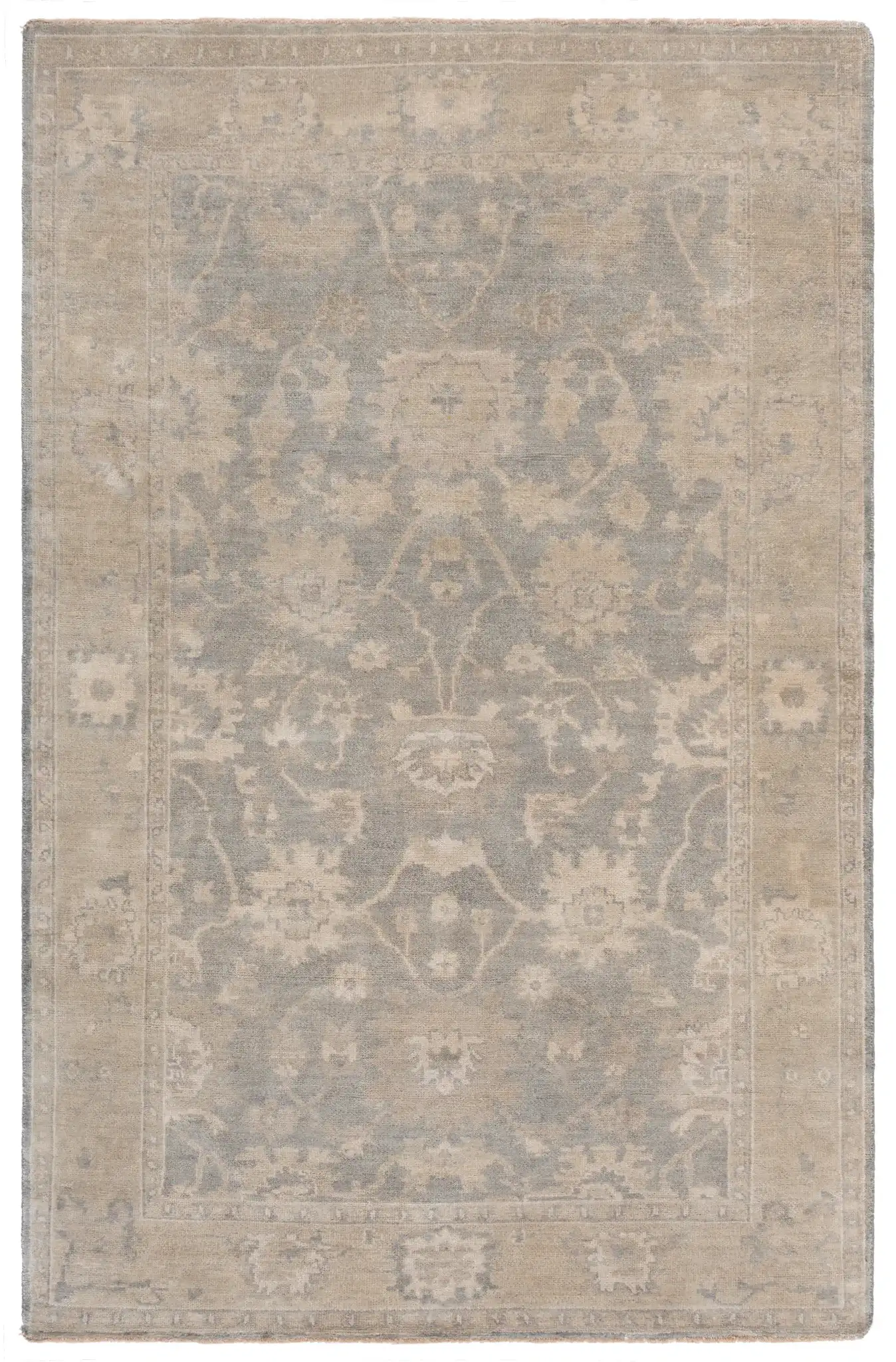 Oushak Faded Floral Bordered Hand-Knotted Wool Rug in Light Gray / Beige