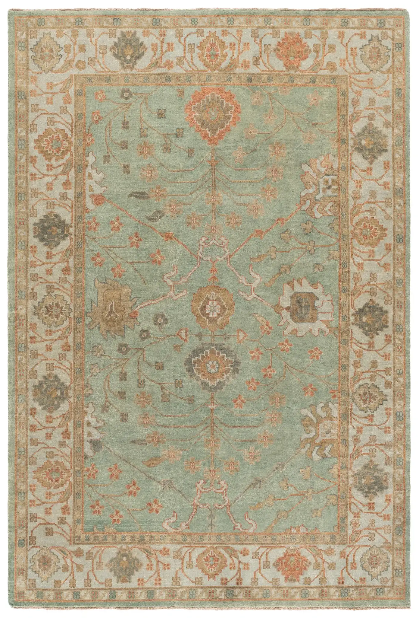 Oushak Faded Vine Hand-Knotted Wool Rug in Dark Green / Light Green