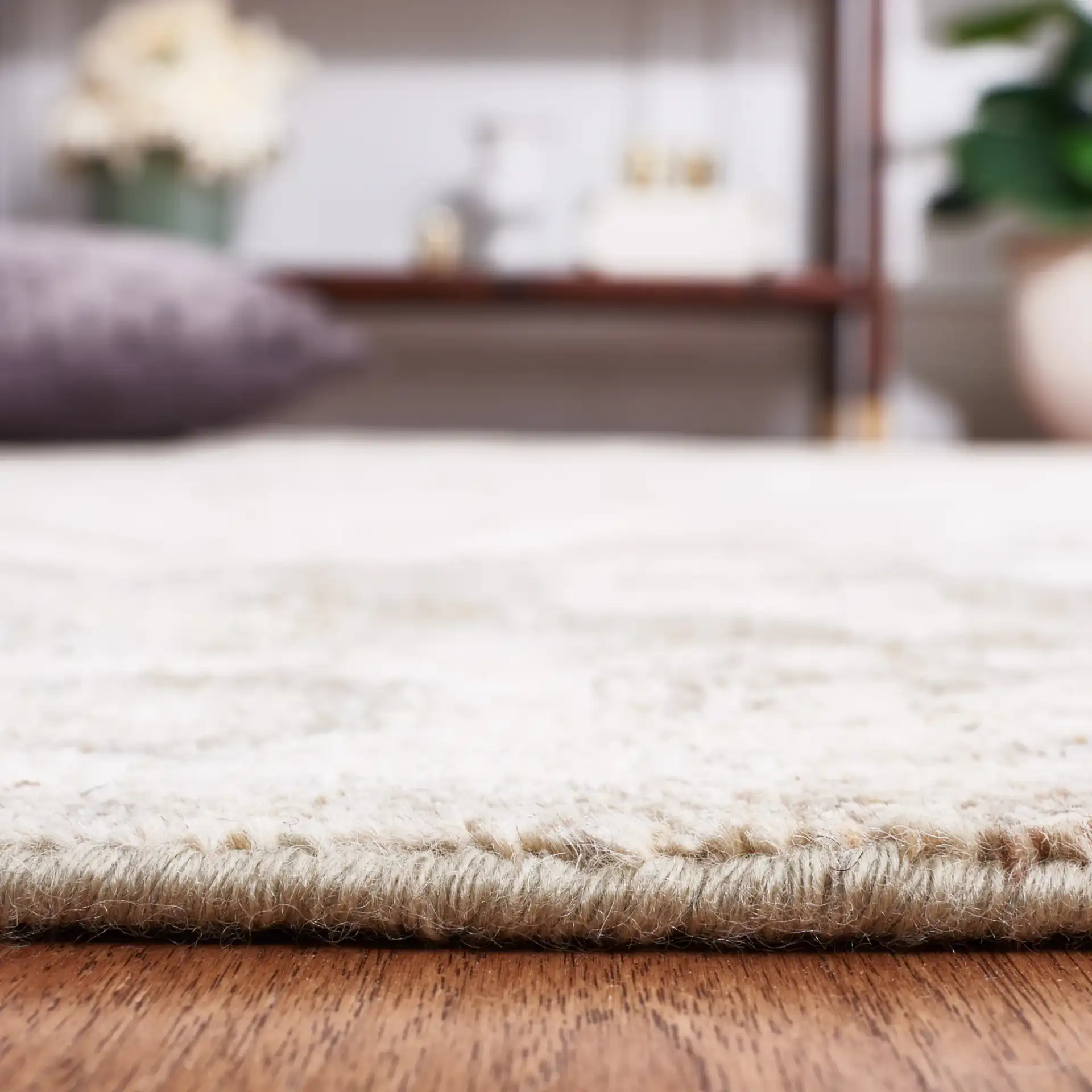 Oushak Allover Floral Vine Hand-Knotted Wool Rug in Gray / Ivory in a styled room