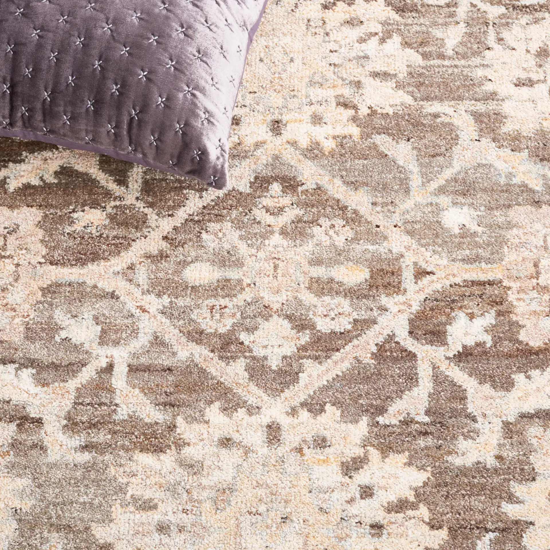 Oushak Allover Floral Vine Hand-Knotted Wool Rug in Gray / Ivory in a styled room