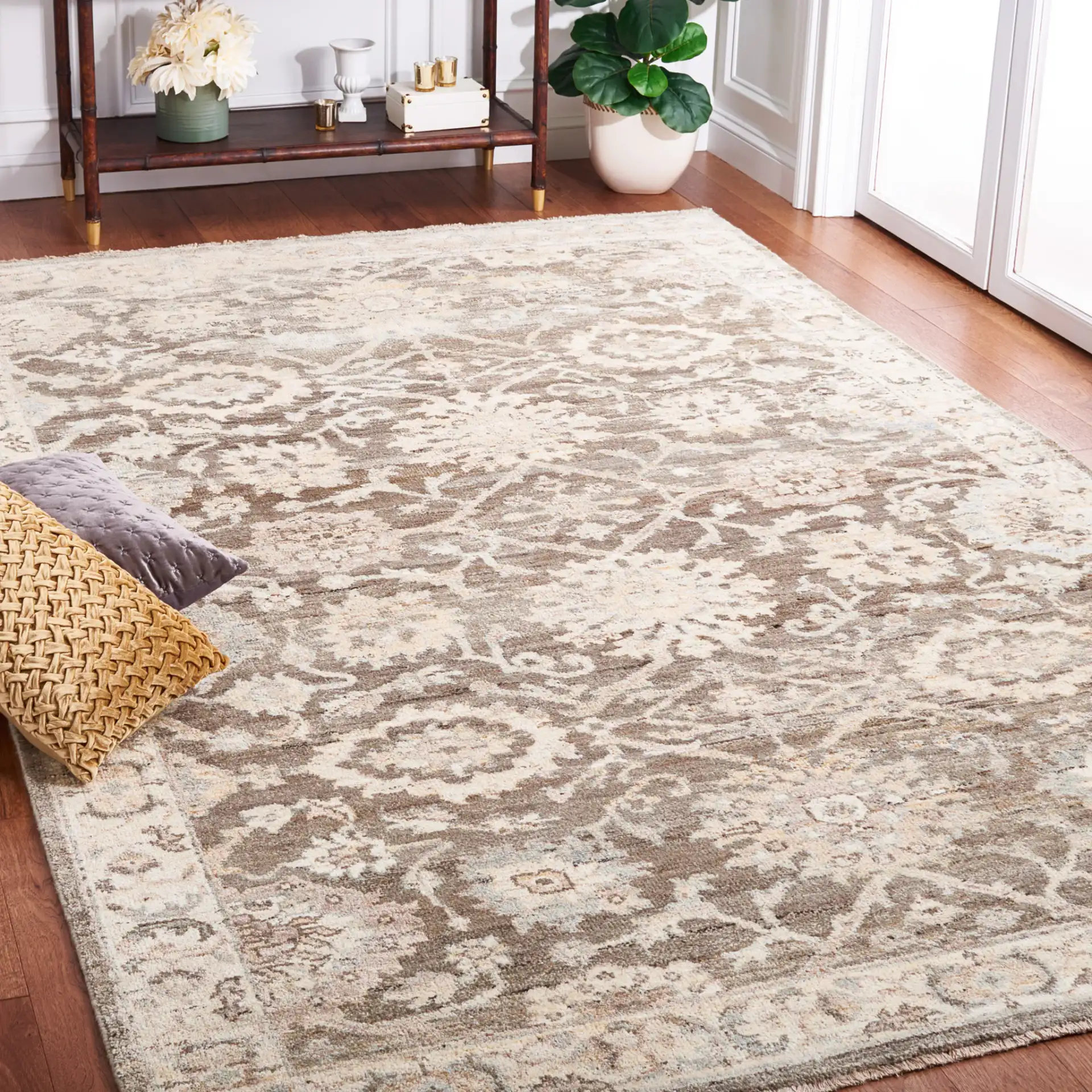 Oushak Allover Floral Vine Hand-Knotted Wool Rug in Gray / Ivory in a styled room