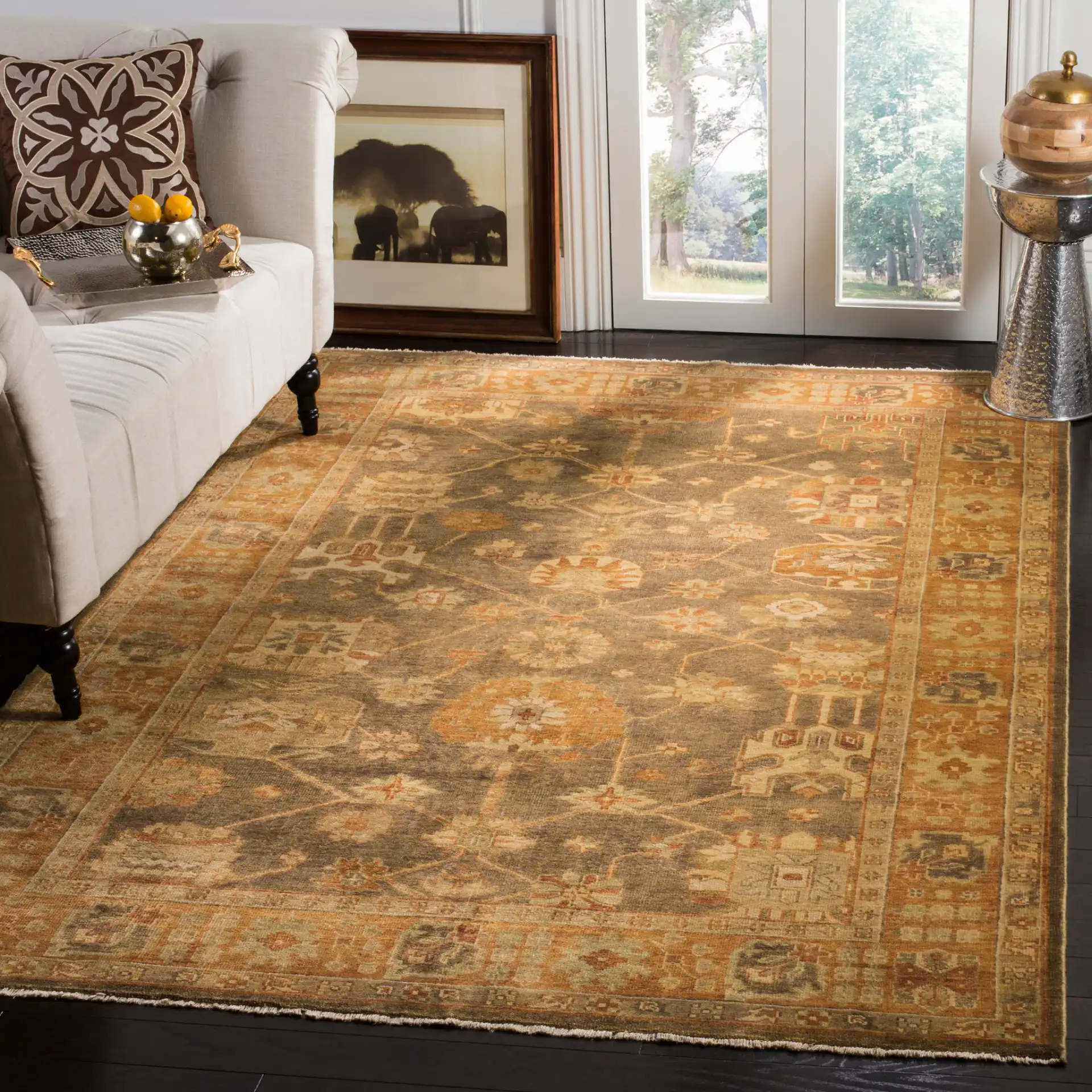 Oushak Trellis Hand-Knotted Wool Rug in Brown / Rust in a styled room
