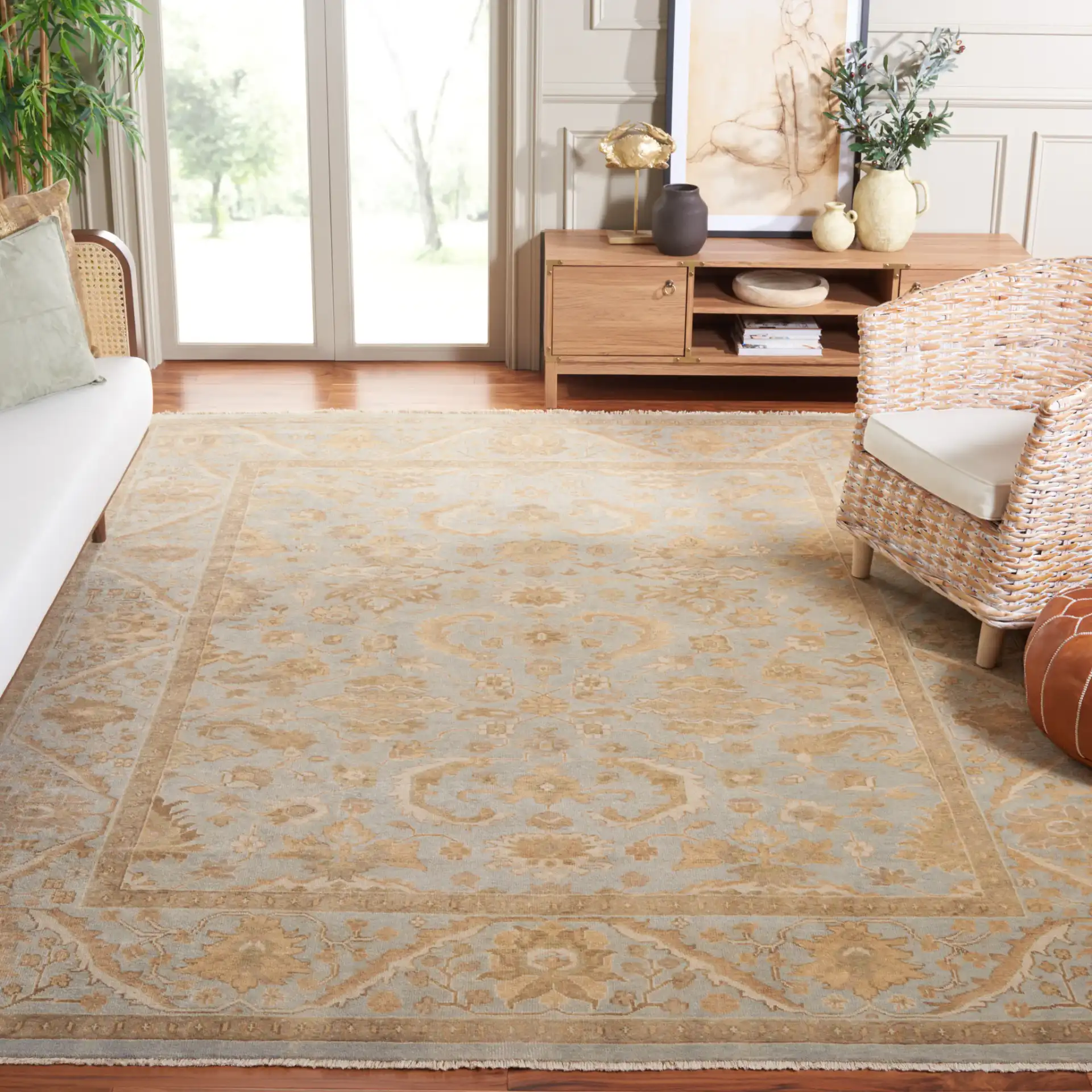Oushak Palmette Floral Hand-Knotted Wool Rug in Light Blue in a styled room