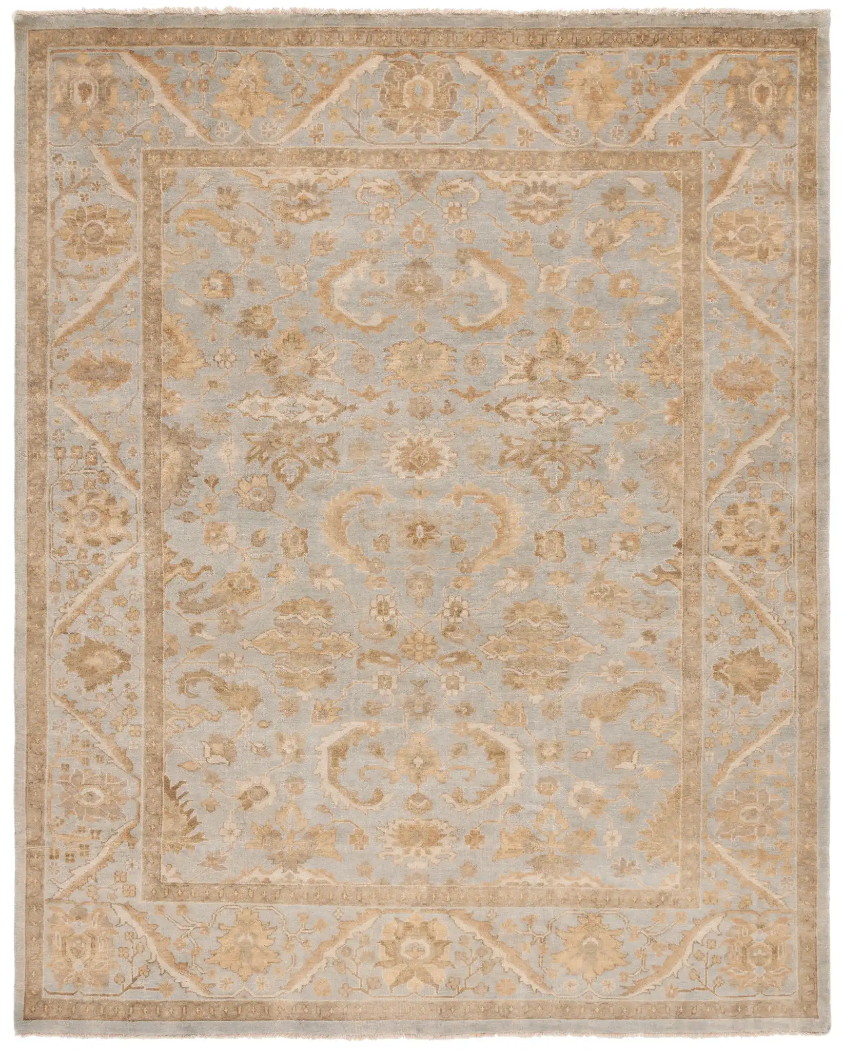 Oushak Palmette Floral Hand-Knotted Wool Rug in Light Blue