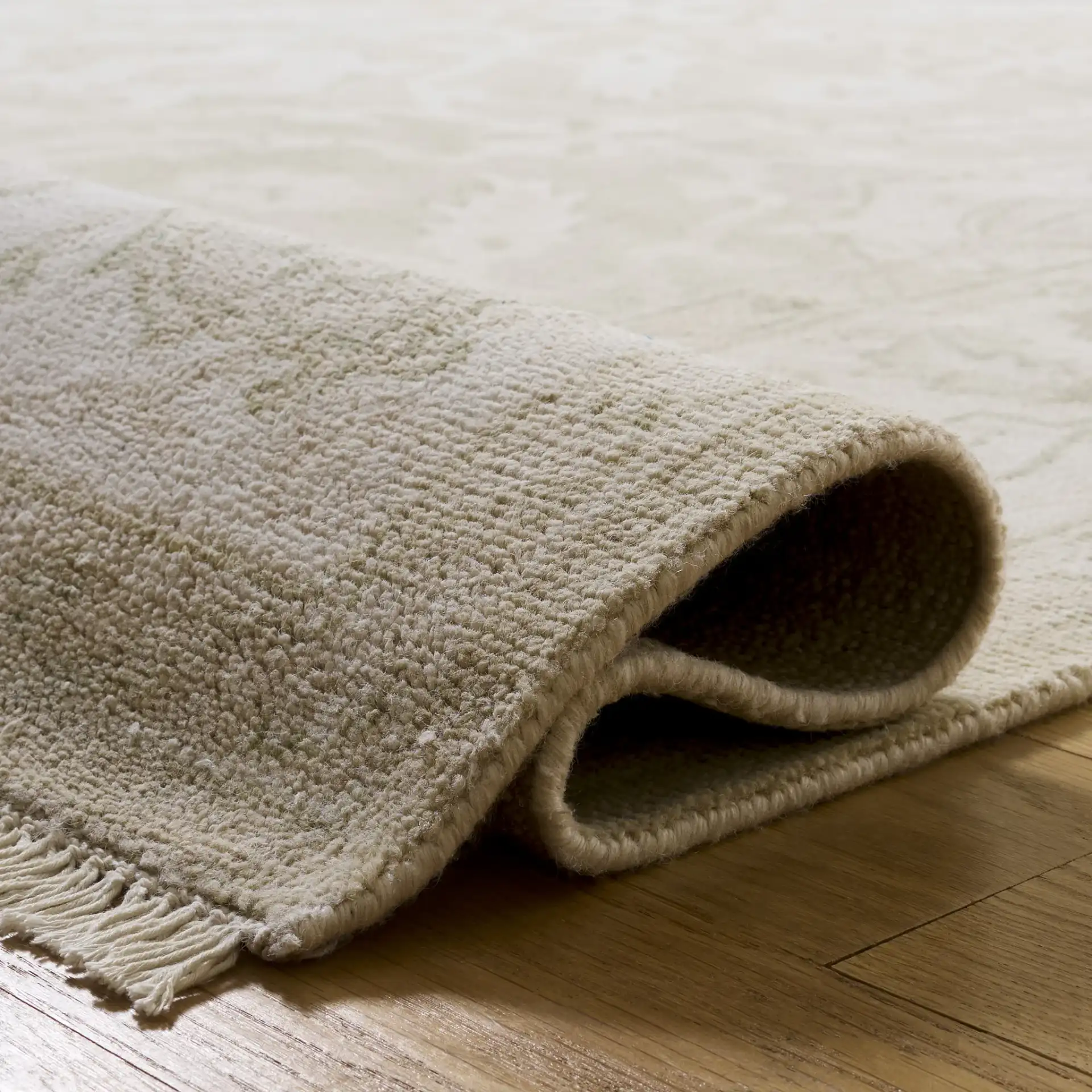 Oushak Damask Floral Hand-Knotted Wool Rug in Light Gray / Ivory in a styled room