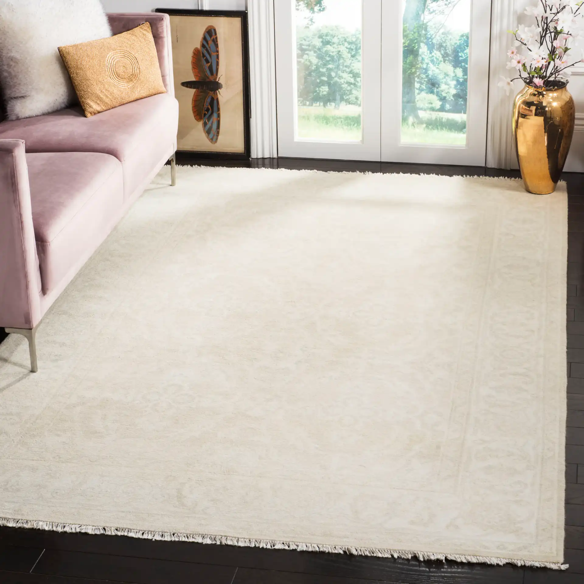Oushak Damask Floral Hand-Knotted Wool Rug in Light Gray / Ivory in a styled room