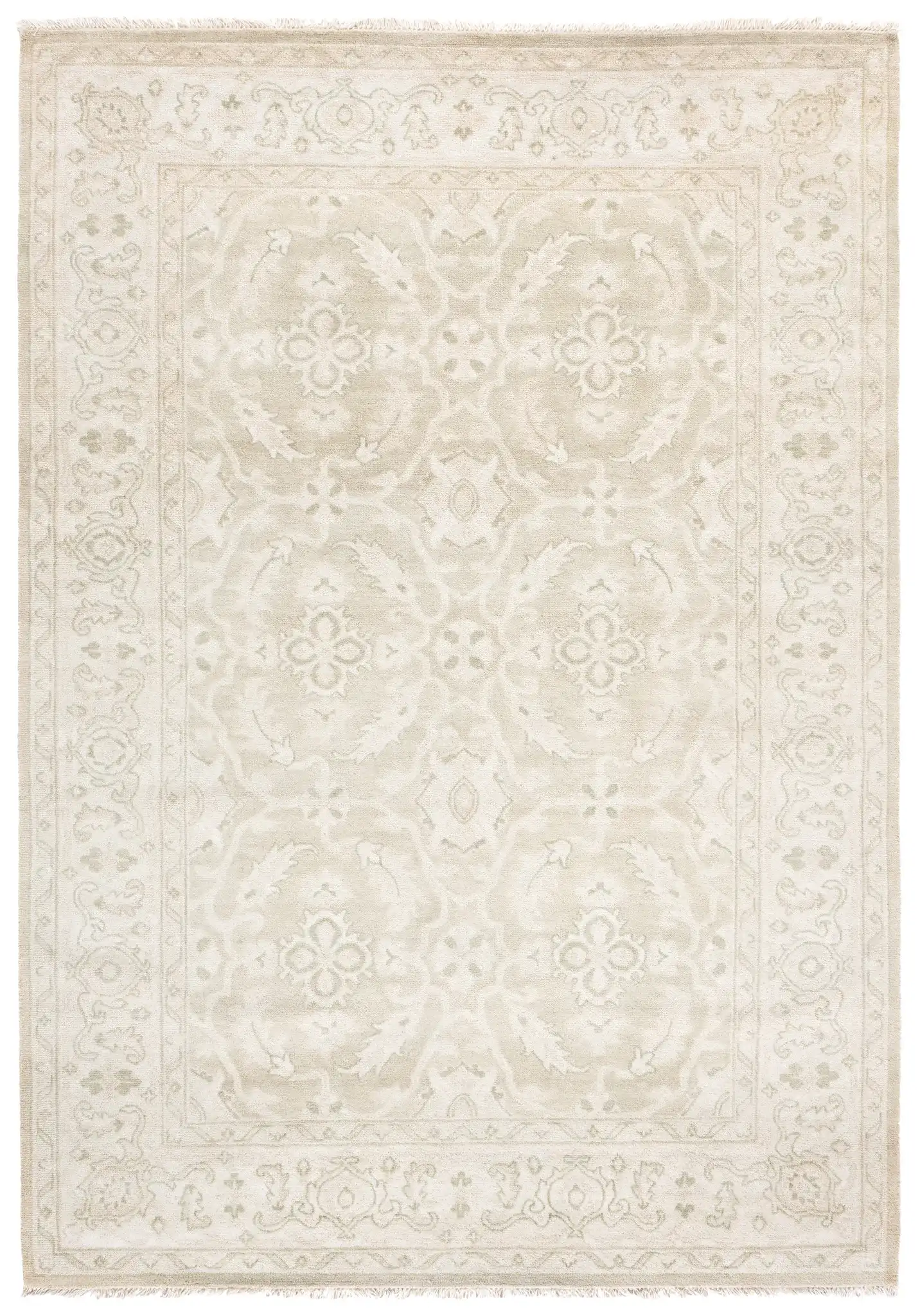 Oushak Damask Floral Hand-Knotted Wool Rug in Light Gray / Ivory