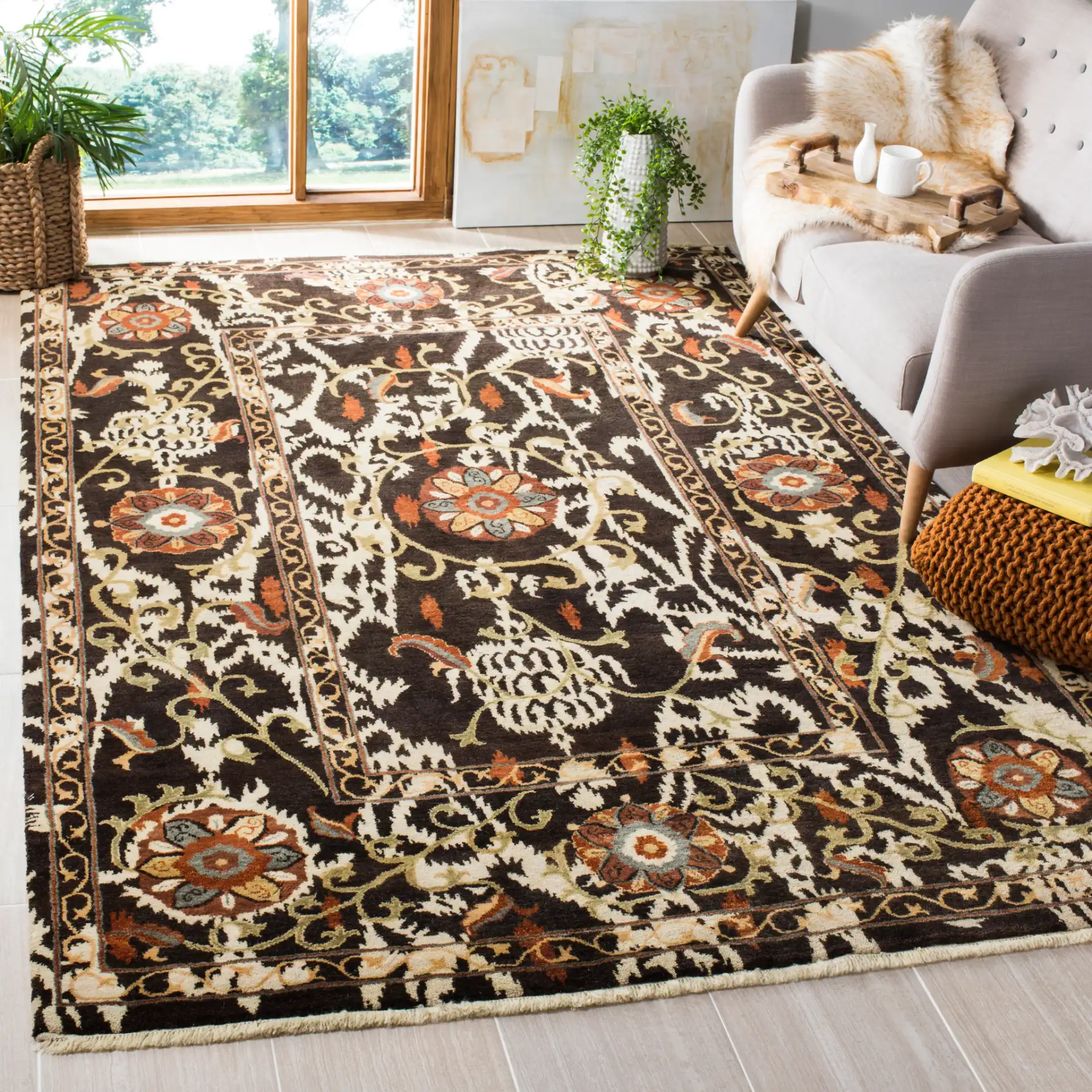 Oushak Bohemian Botanical Hand-Knotted Wool Rug in Dark Brown / Multicolor in a styled room