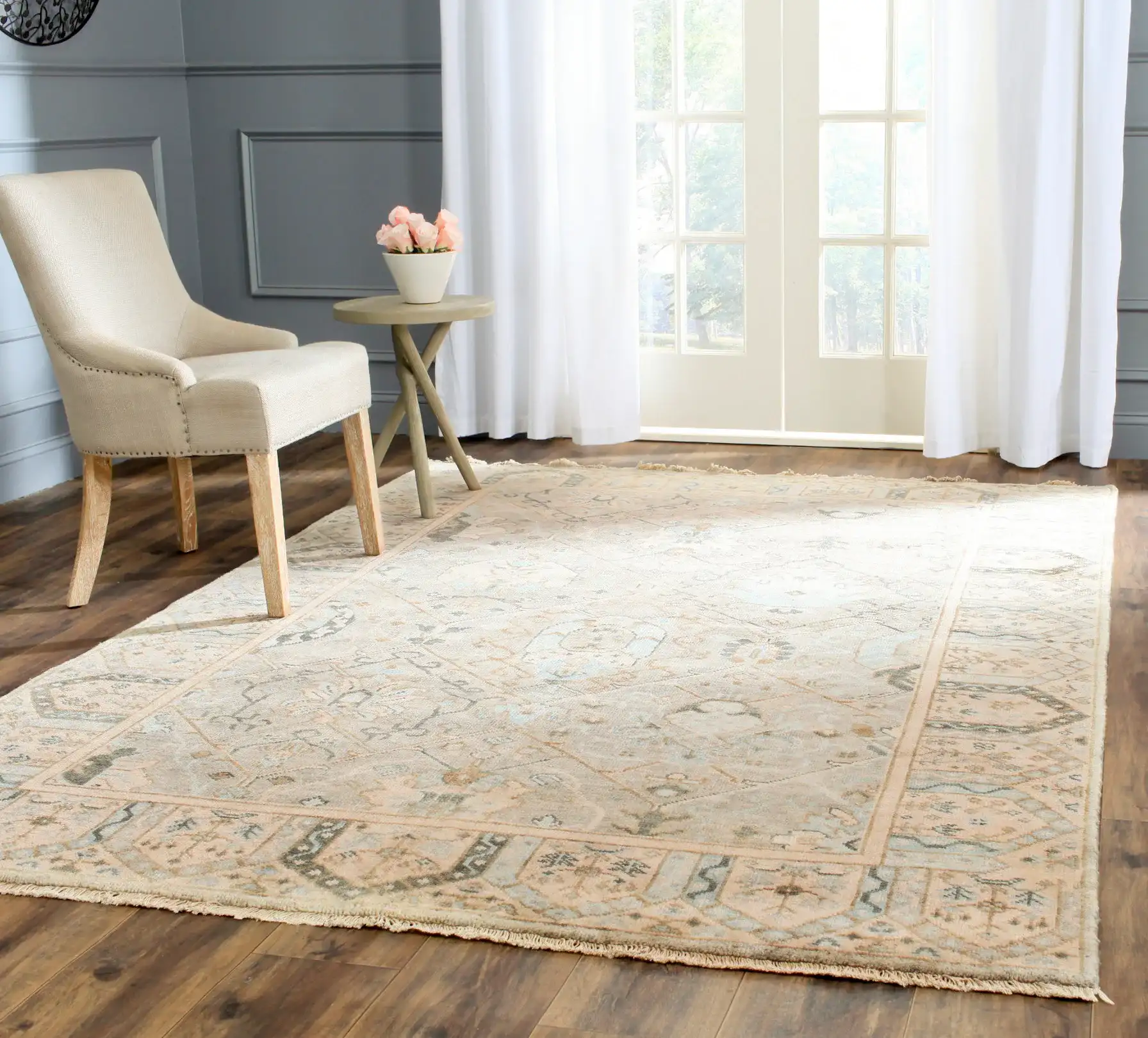Oushak Diamond Lattice Hand-Knotted Wool Rug in Gray / Ivory in a styled room