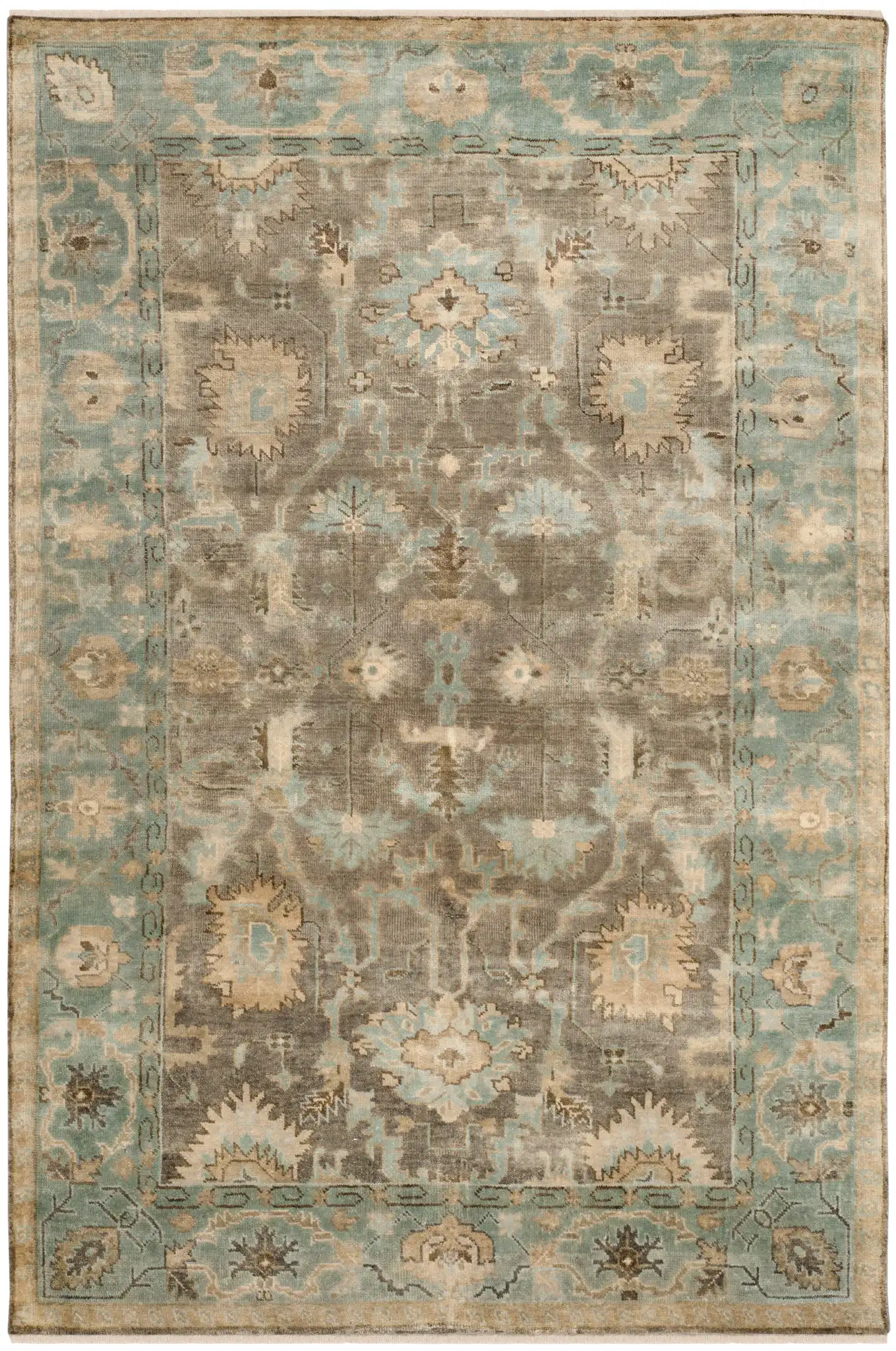 Oushak Tribal Floral Hand-Knotted Wool Rug in Brown / Blue
