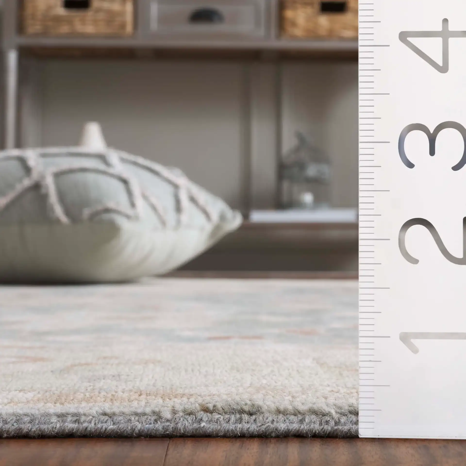 Oushak Allover Palmette Hand-Knotted Wool Rug in Light Blue / Beige in a styled room
