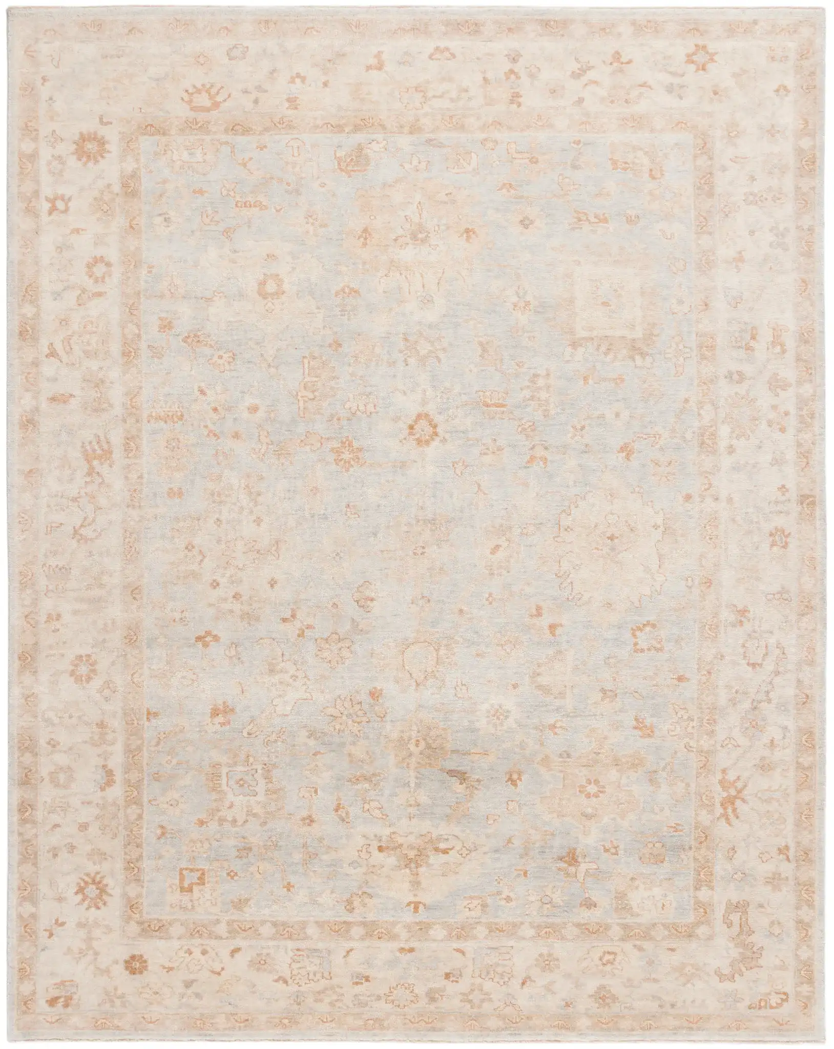 Oushak Allover Palmette Hand-Knotted Wool Rug in Light Blue / Beige