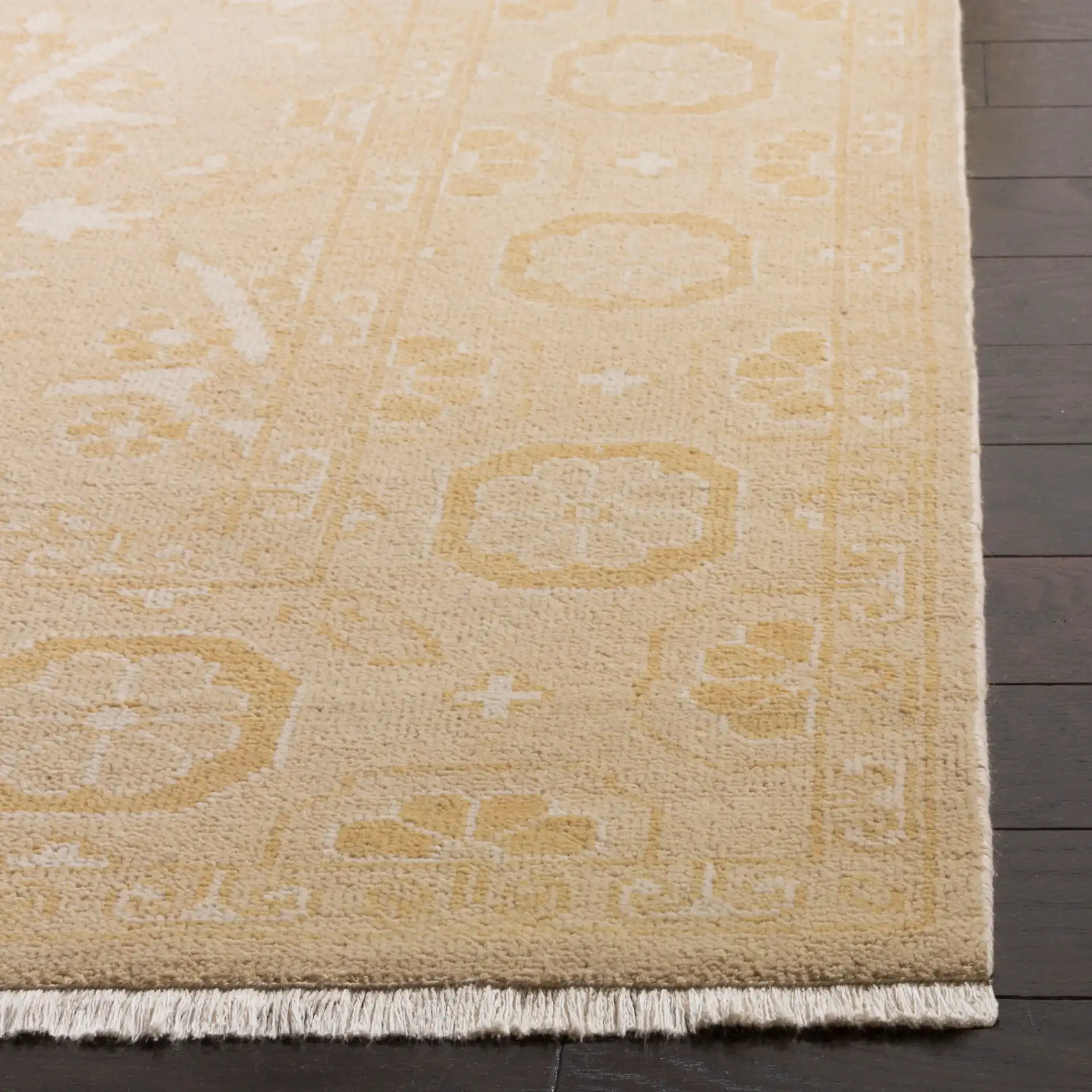 Oushak Palmette And Vine Hand-Knotted Wool Rug in Gold in a styled room