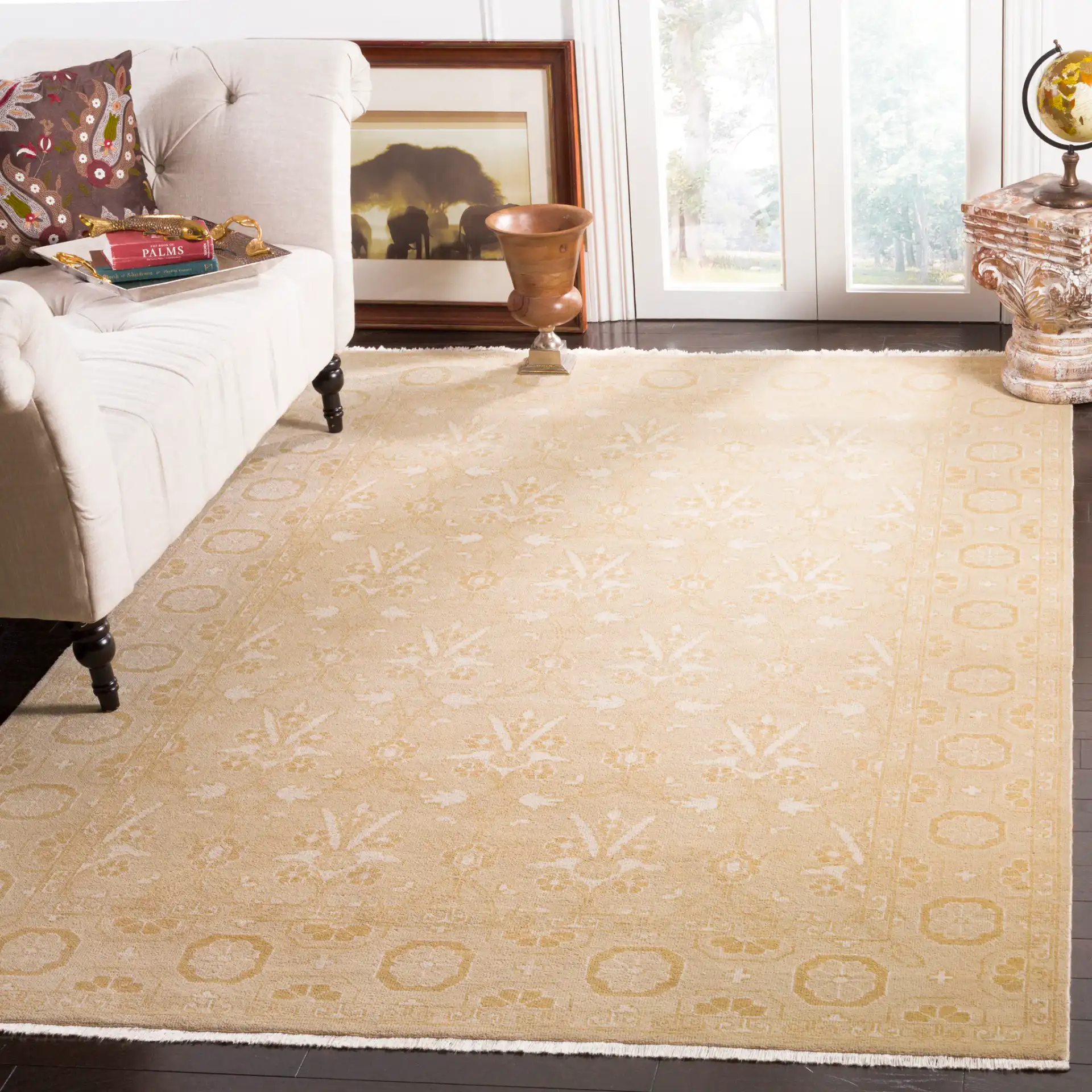 Oushak Palmette And Vine Hand-Knotted Wool Rug in Gold in a styled room
