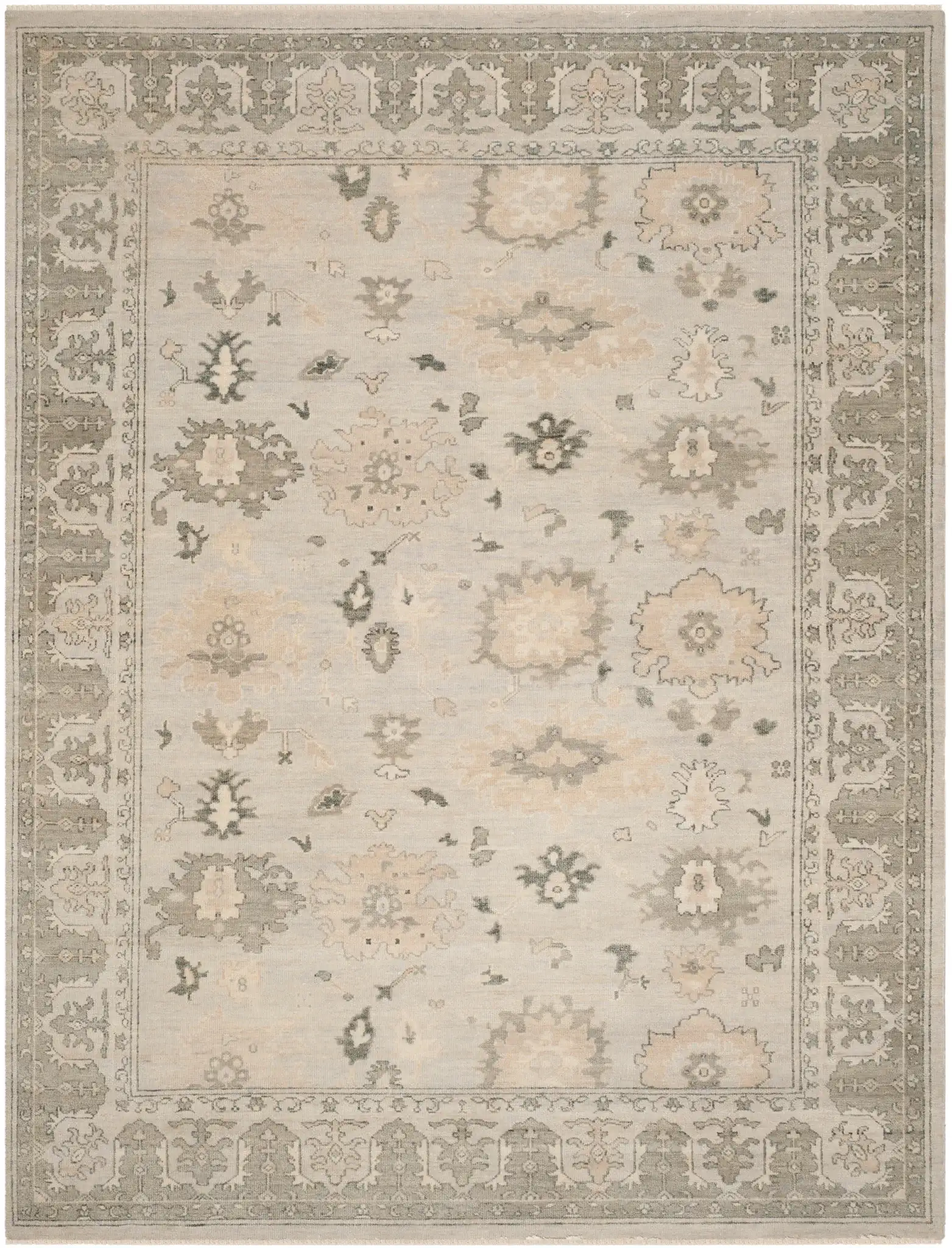 Oushak Scattered Floral Border Hand-Knotted Wool Rug in Silver / Gray