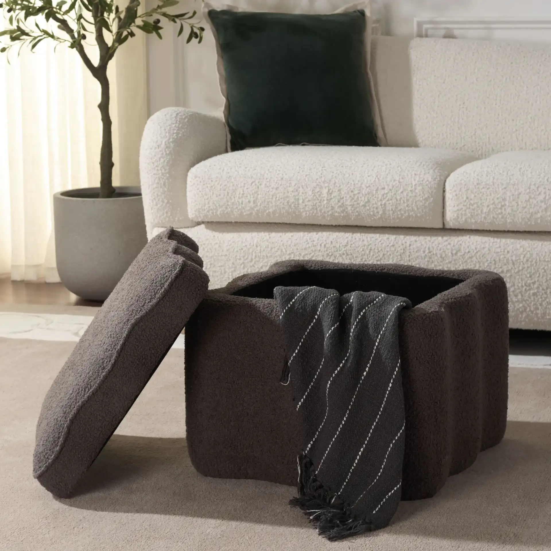 Emmie Square Storage Ottoman in Brown in a styled room