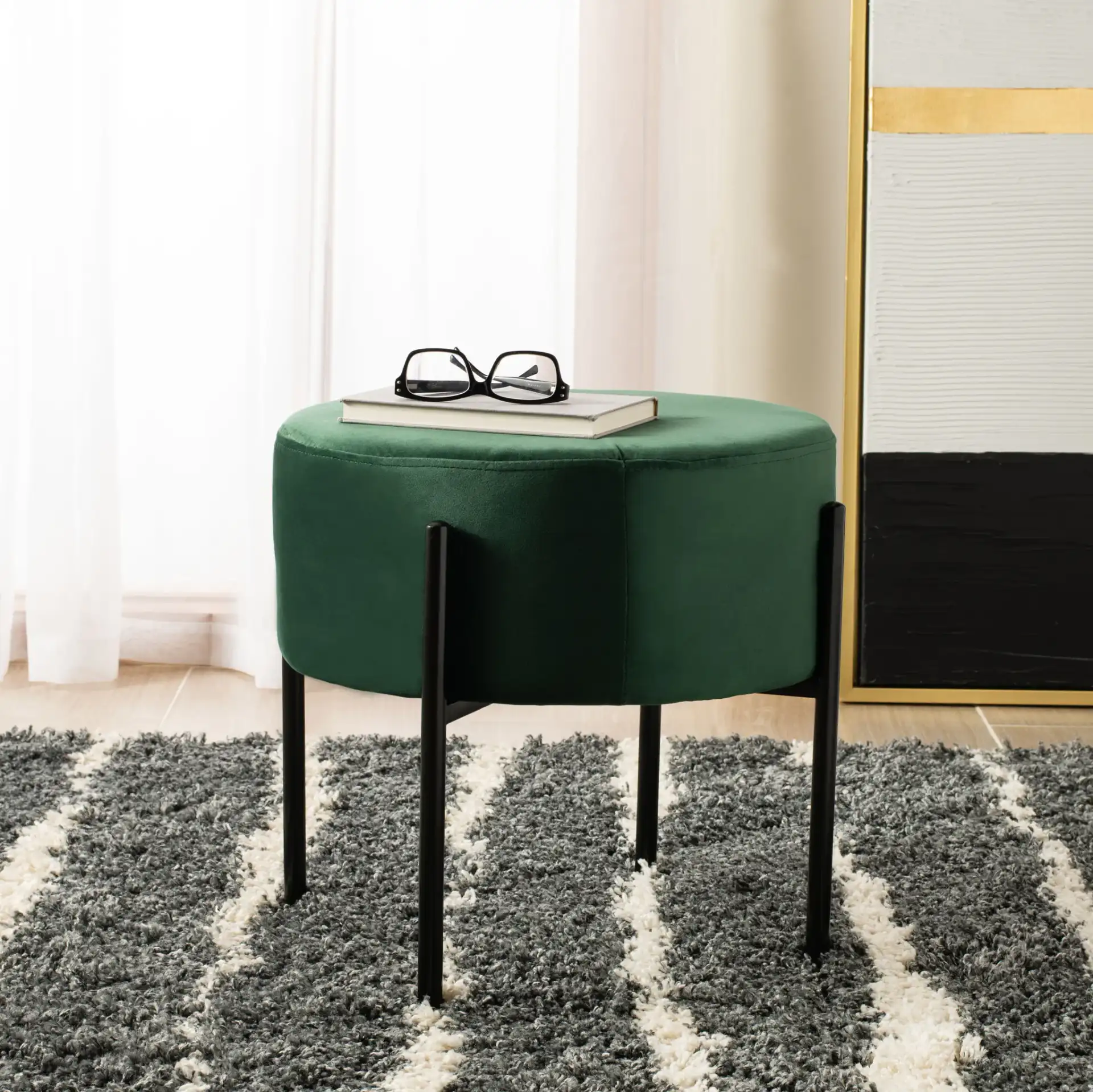 Lisbon Round Ottoman in Dusty Rose / Black in a styled room