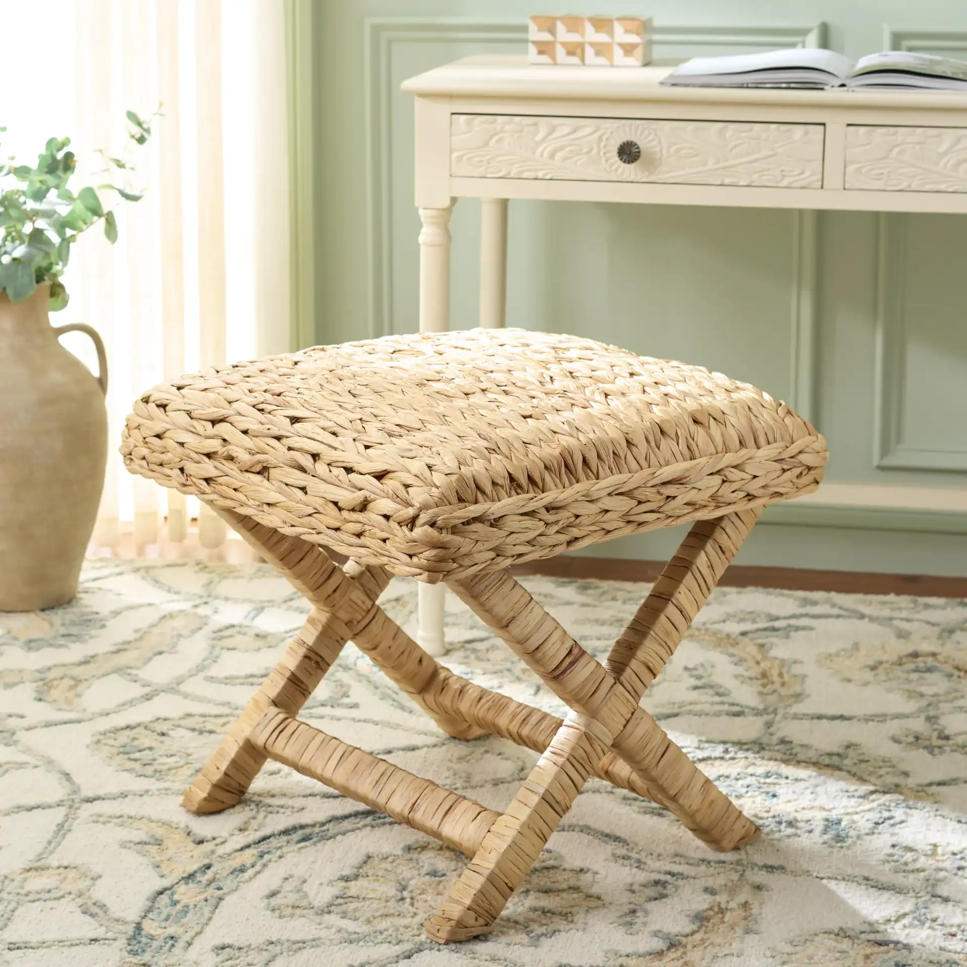 Posey Ottoman in Natural in a styled room