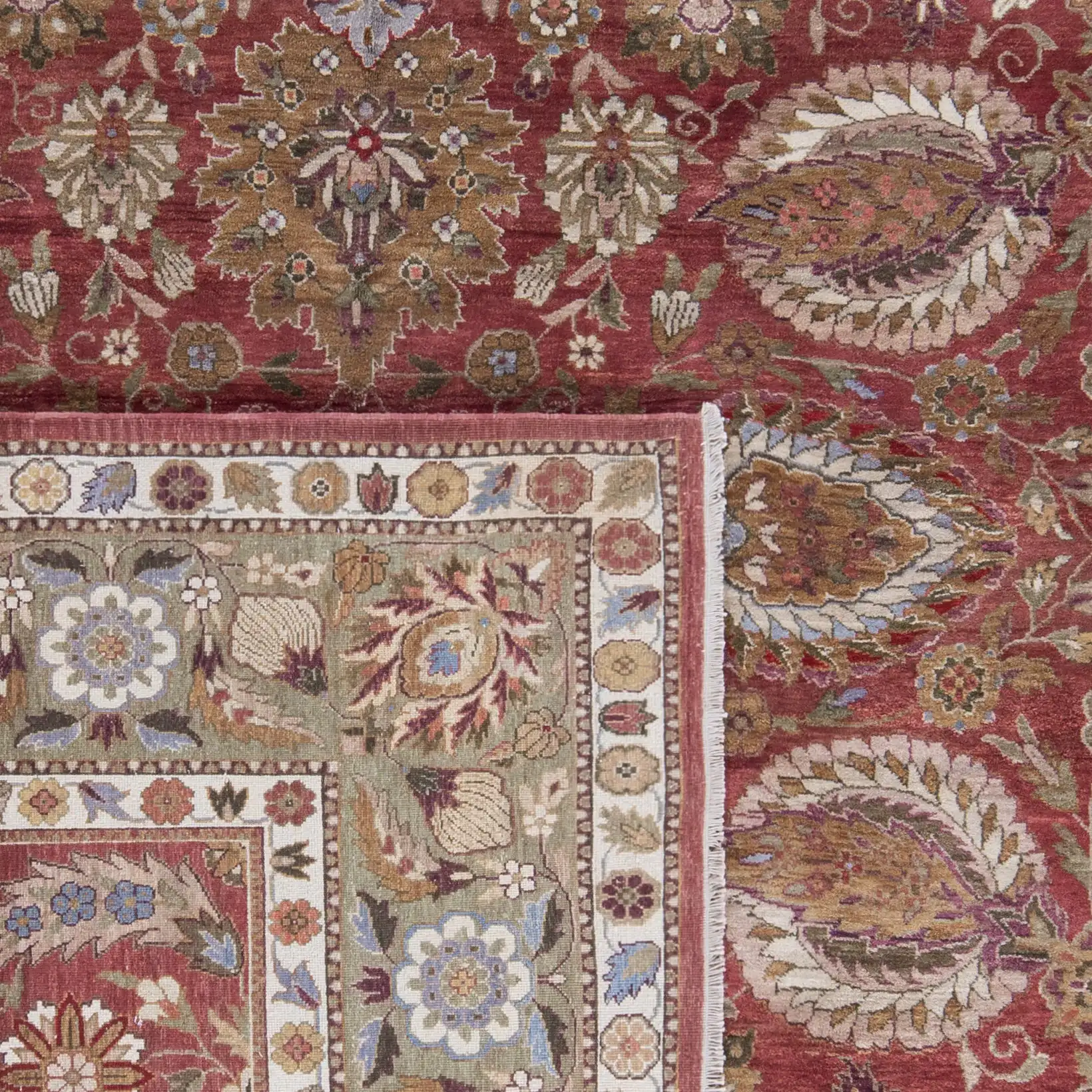 Old World Palmette Leaf Bordered Wool Rug in Copper / Green