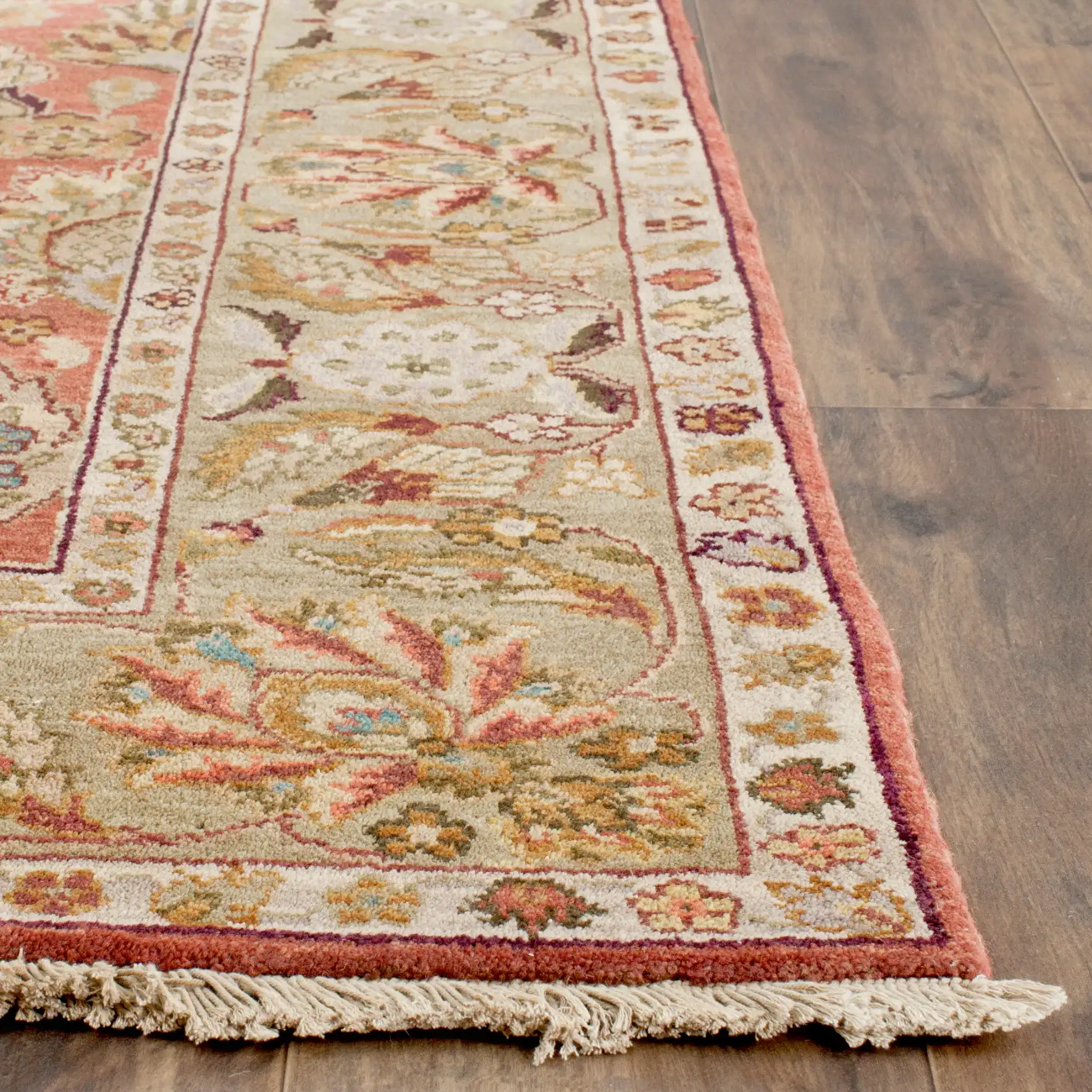 Old World Palmette Leaf Bordered Wool Rug in Copper / Green in a styled room