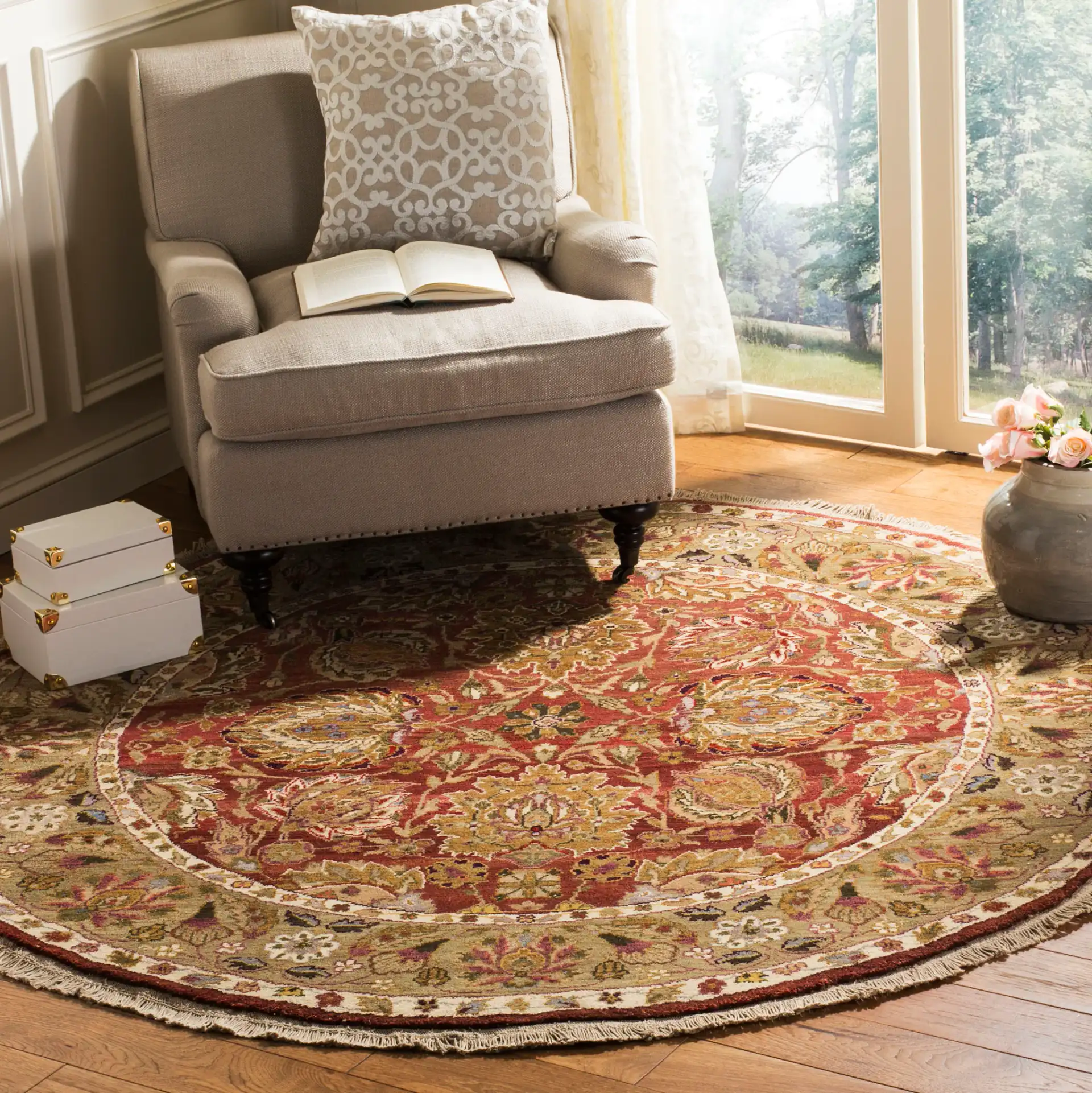 Old World Palmette Leaf Bordered Wool Rug in Copper / Green in a styled room
