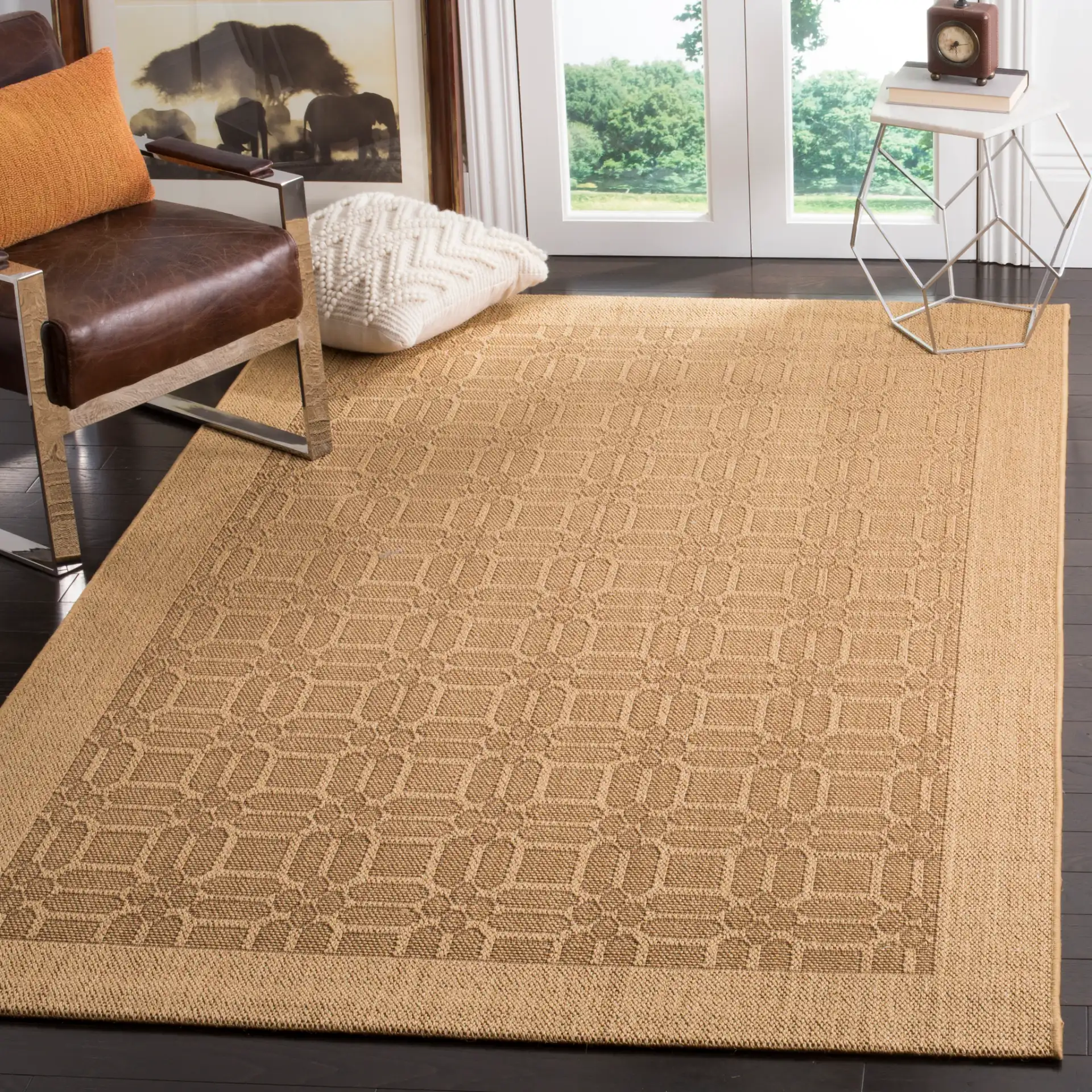 Palm Beach Grid Border Rug in Maize in a styled room