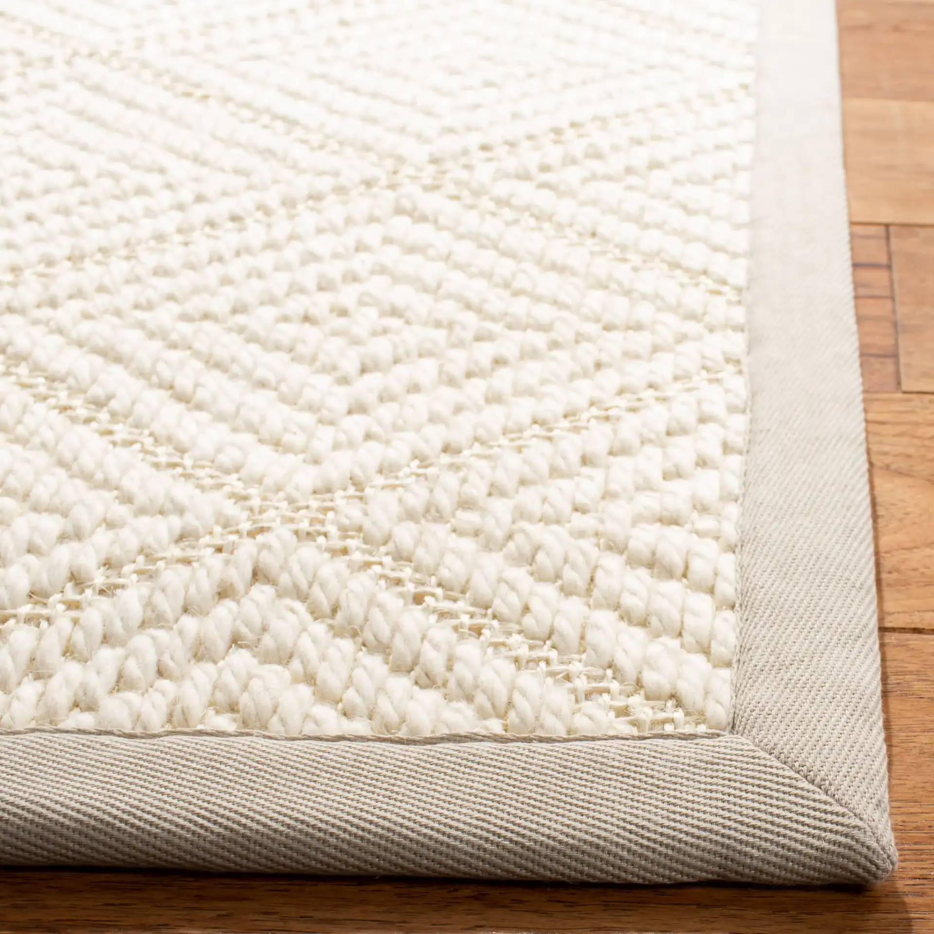 Palm Beach Bordered Diamond Rug in Ivory / Gray in a styled room