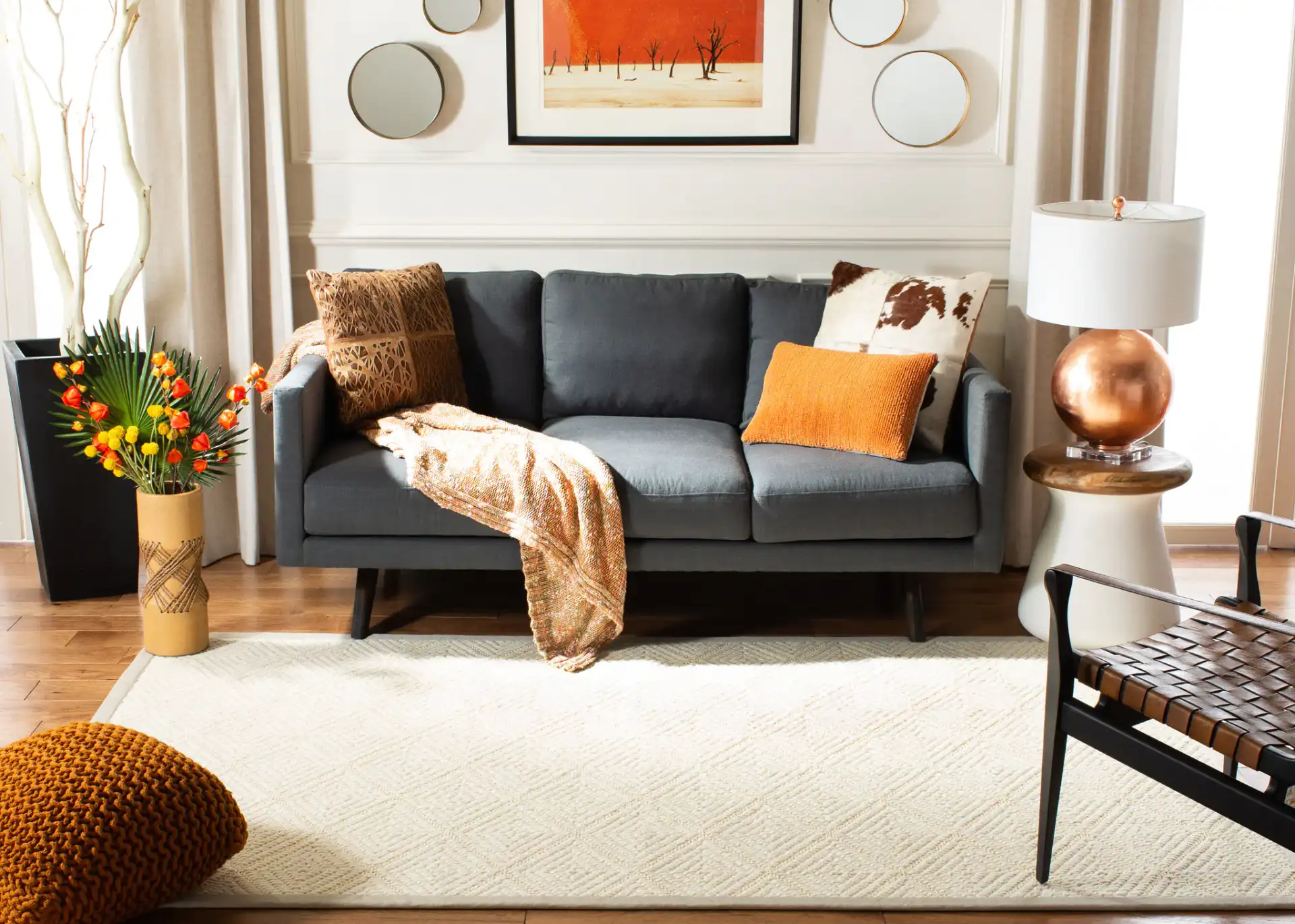 Palm Beach Bordered Diamond Rug in Ivory / Gray in a styled room