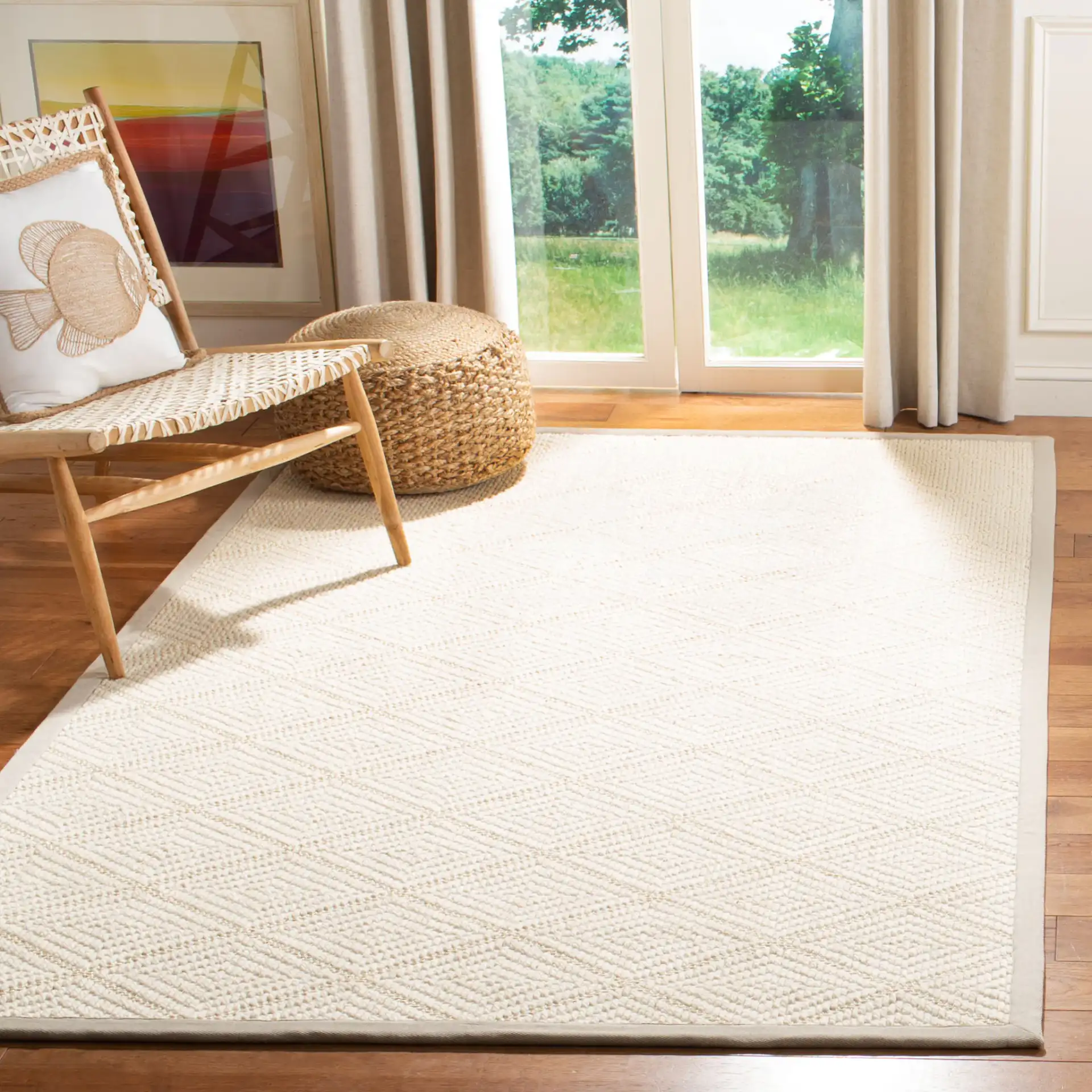 Palm Beach Bordered Diamond Rug in Ivory / Gray in a styled room