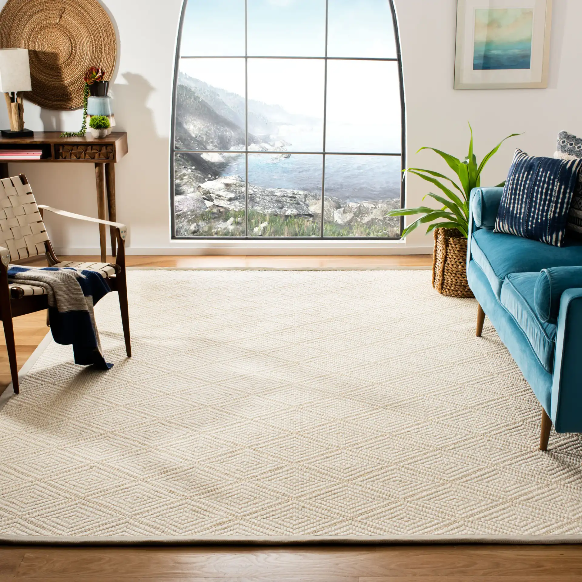 Palm Beach Bordered Diamond Rug in Ivory / Gray in a styled room