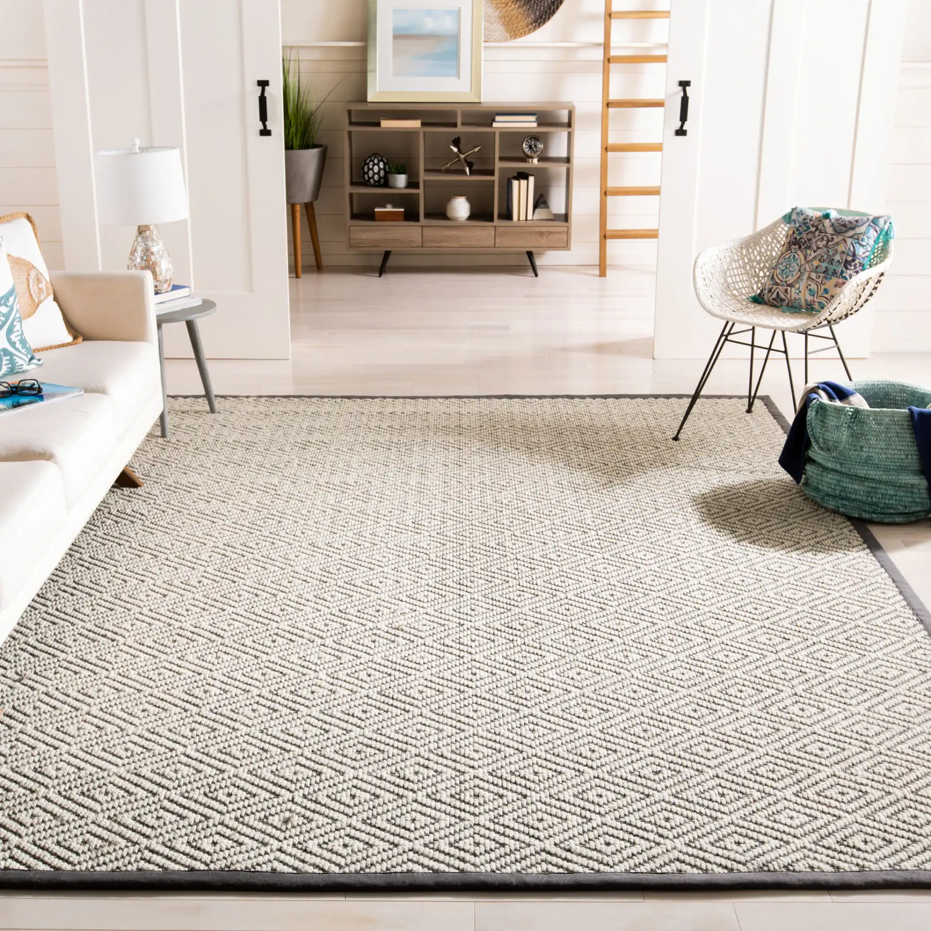Palm Beach Nested Diamond Rug in Gray / Dark Gray in a styled room