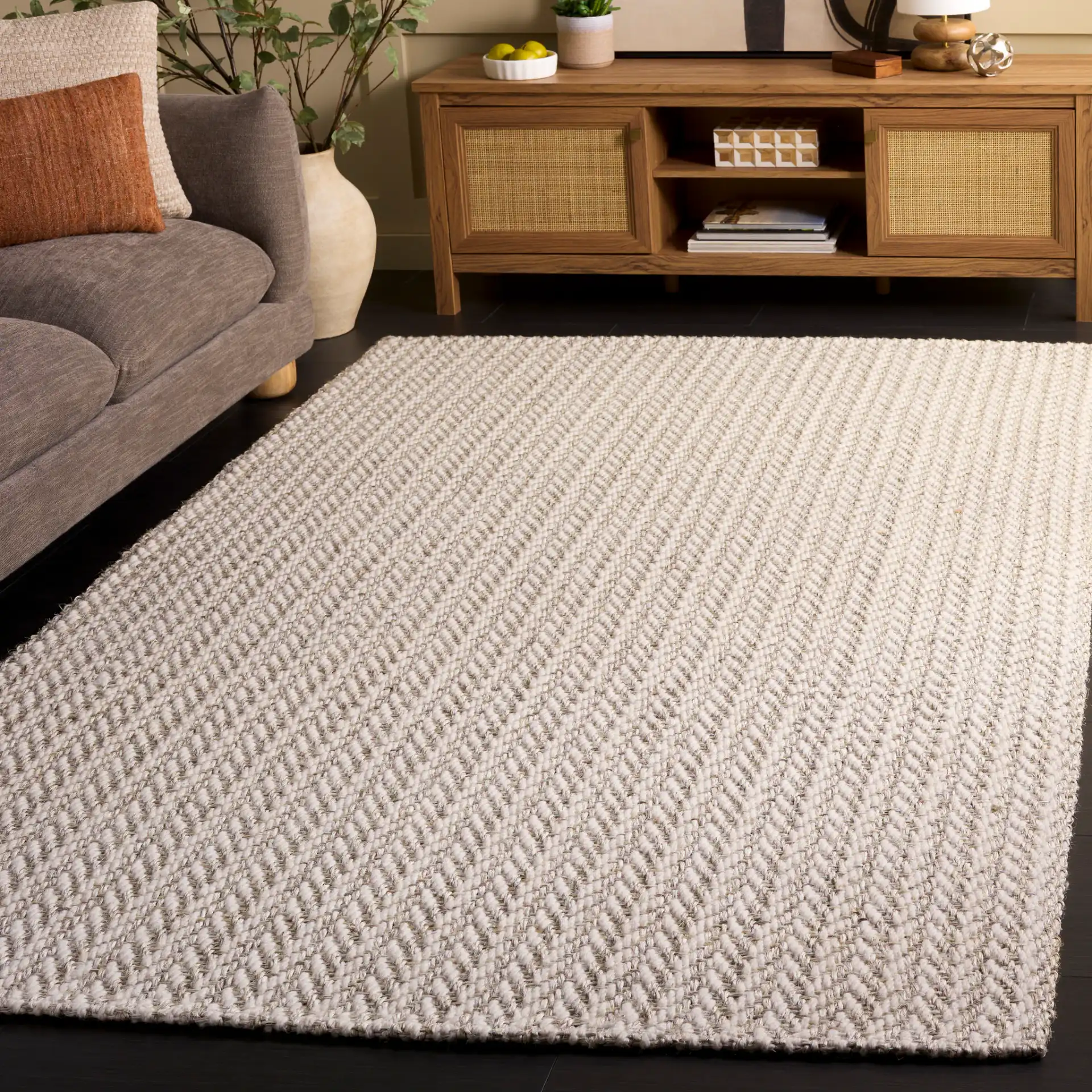 Tulum Herringbone Rug in Ivory / Gray in a styled room
