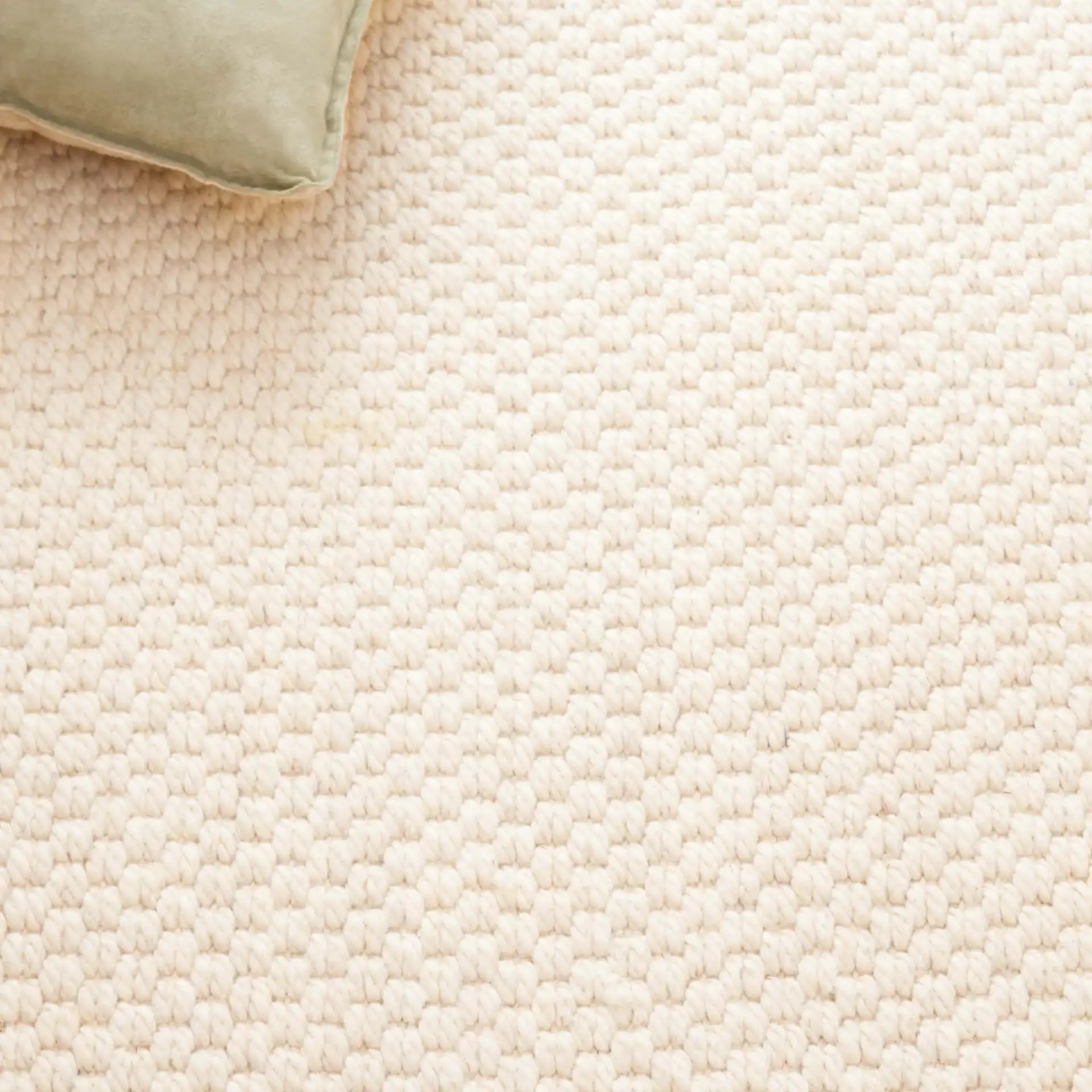 Palm Beach Basketweave Border Wool Rug in Ivory in a styled room