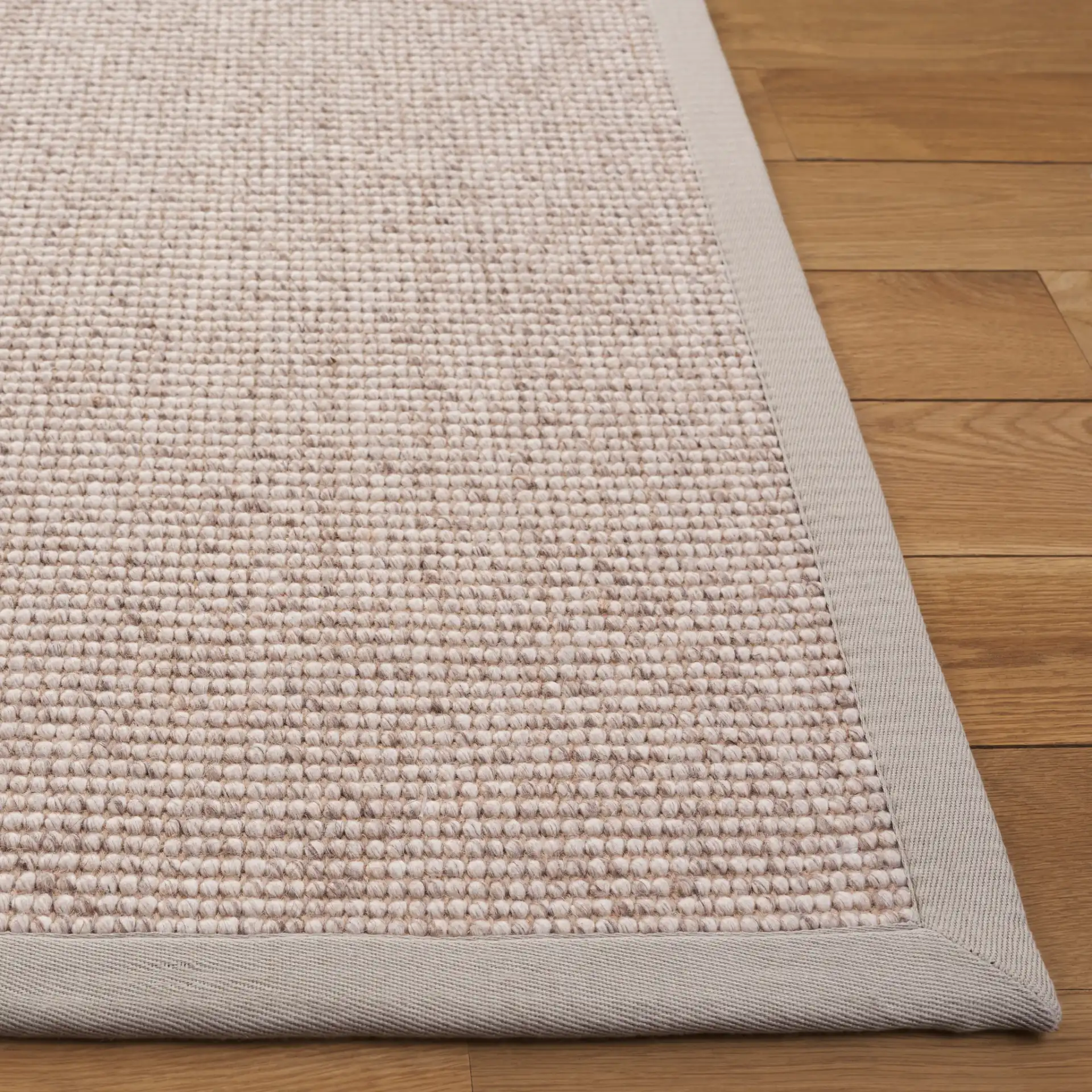 Seaside Bordered Wool Rug in Gray / Ivory in a styled room