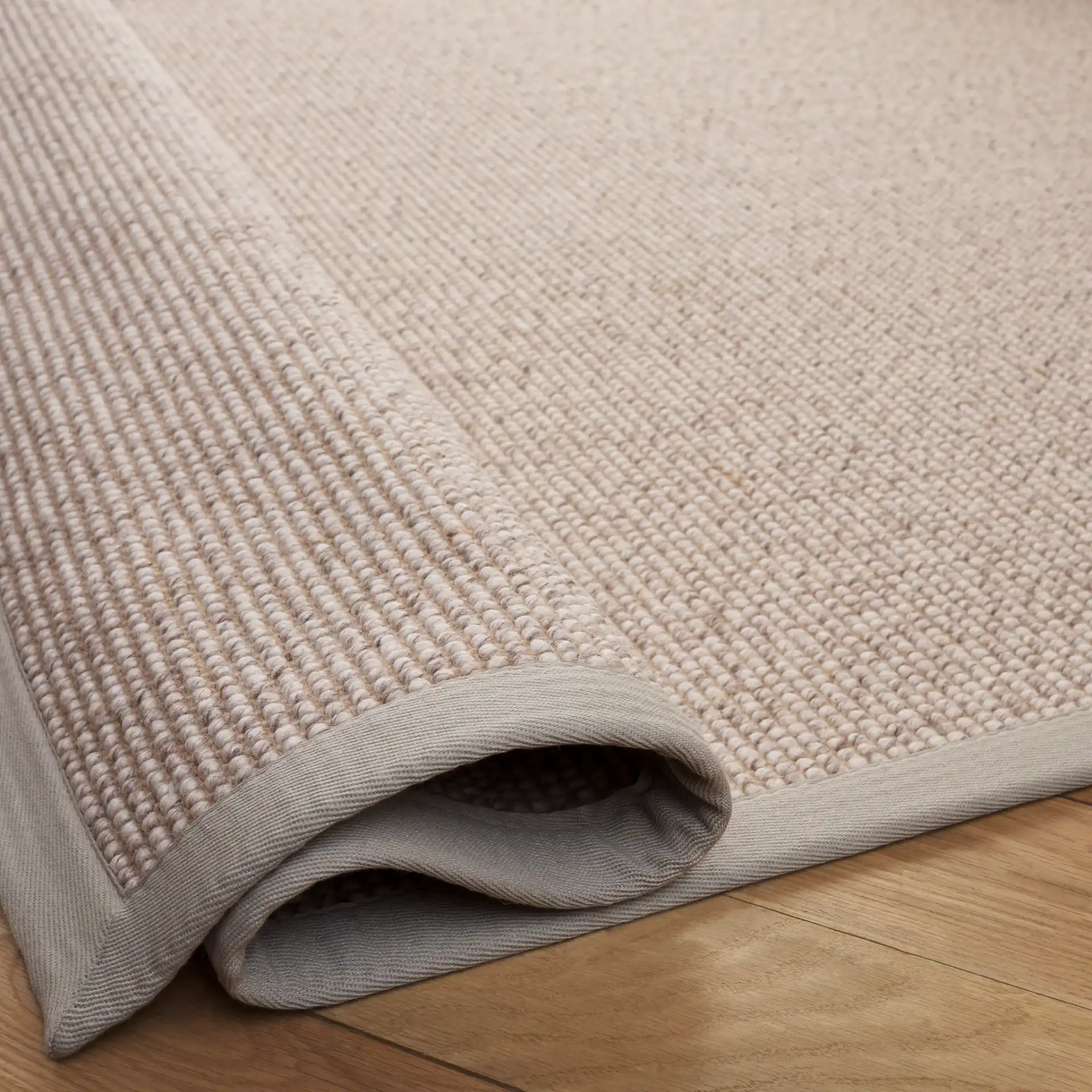 Seaside Bordered Wool Rug in Gray / Ivory in a styled room