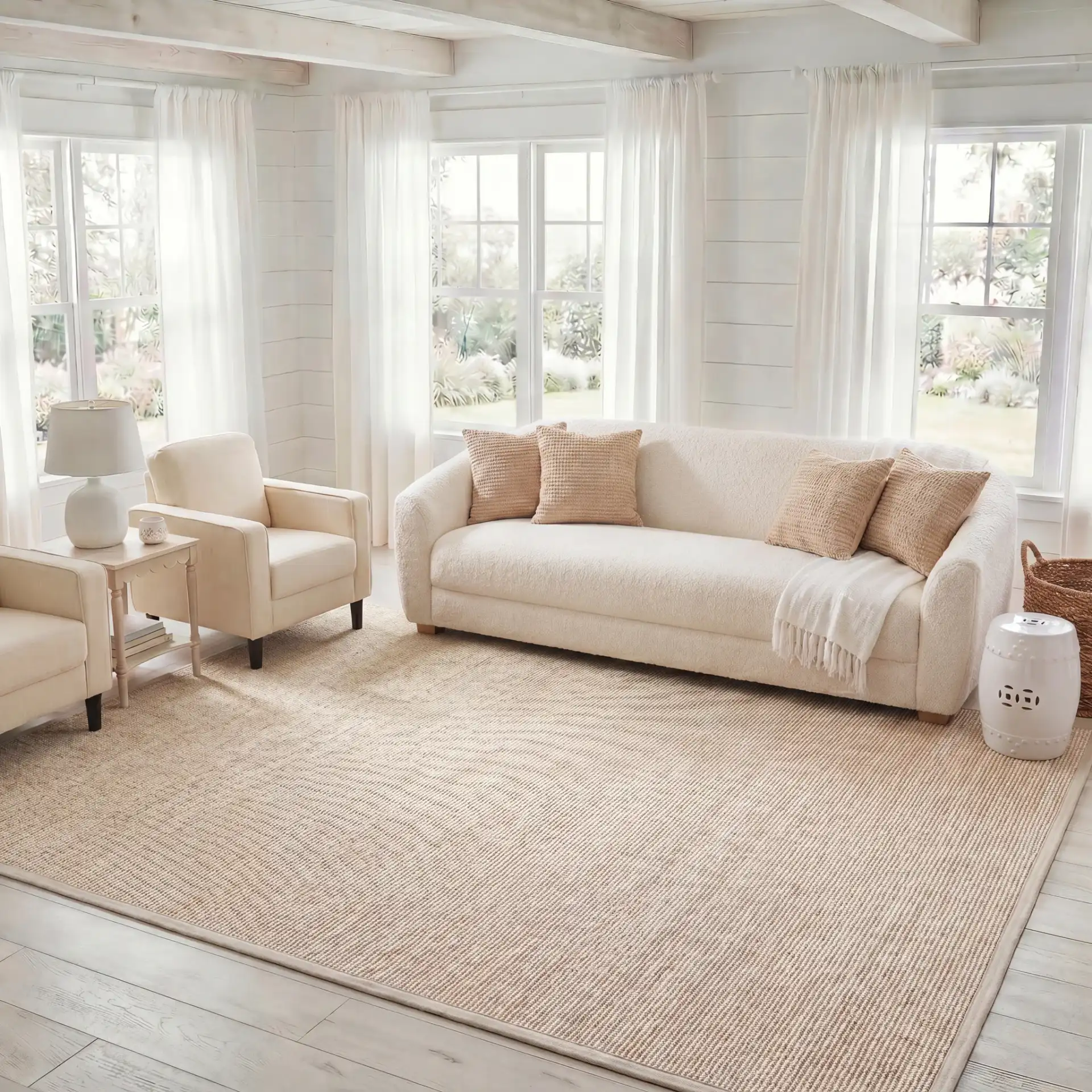 Seaside Bordered Wool Rug in Gray / Ivory in a styled room